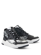 Buty Alpinestars Speedflight, buty motocyklowe, czarno-szaro-białe, z marmurkowym wzorem, wysoka konstrukcja typu sneakers ze wzmocnionymi panelami, białe logo Alpinestars, wytrzymała gumowa podeszwa