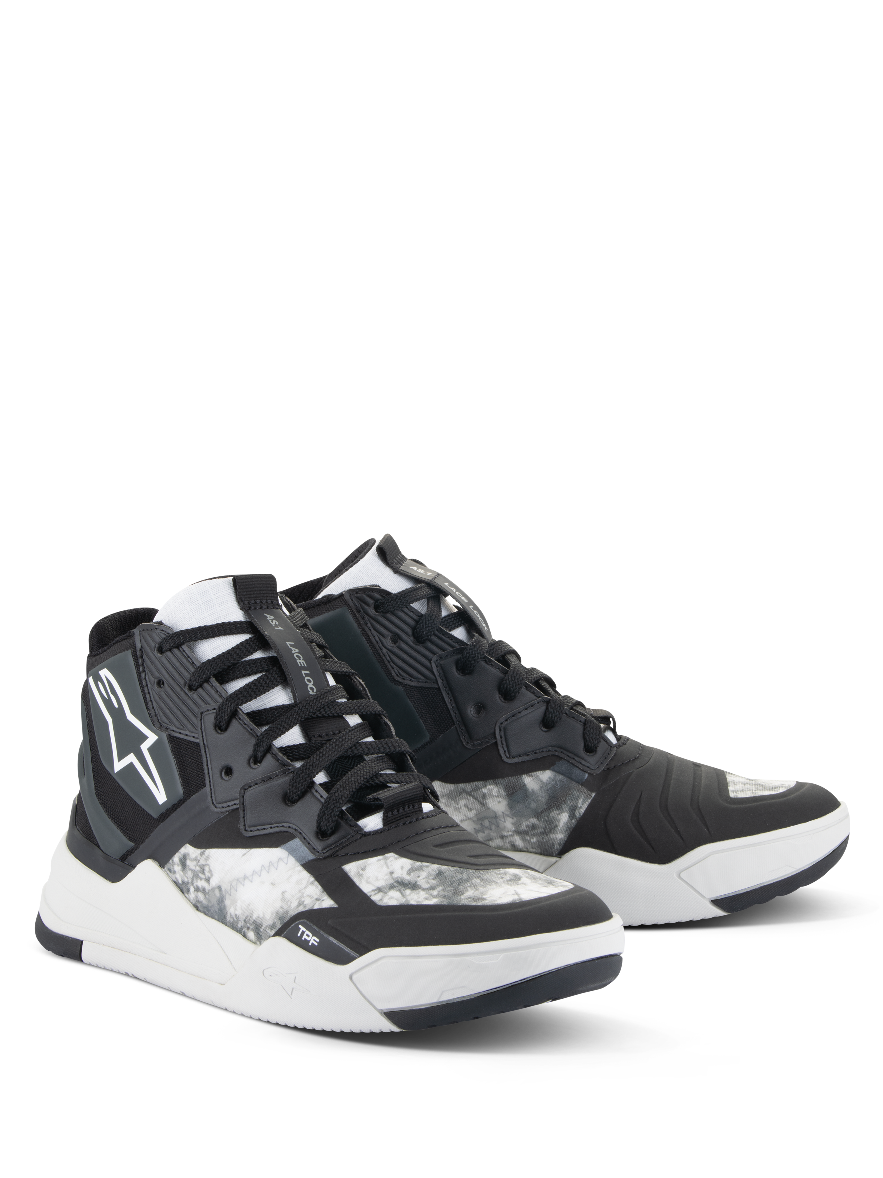 Buty Alpinestars Speedflight, buty motocyklowe, czarno-szaro-białe, z marmurkowym wzorem, wysoka konstrukcja typu sneakers ze wzmocnionymi panelami, białe logo Alpinestars, wytrzymała gumowa podeszwa