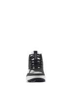 Buty Alpinestars Speedflight, buty motocyklowe, czarno-szaro-białe, widok z przodu z czarnymi sznurowadłami, paskiem AS1 Lace Lock na języku i zintegrowaną nakładką na zmianę biegów, sportowe obuwie w stylu ulicznym