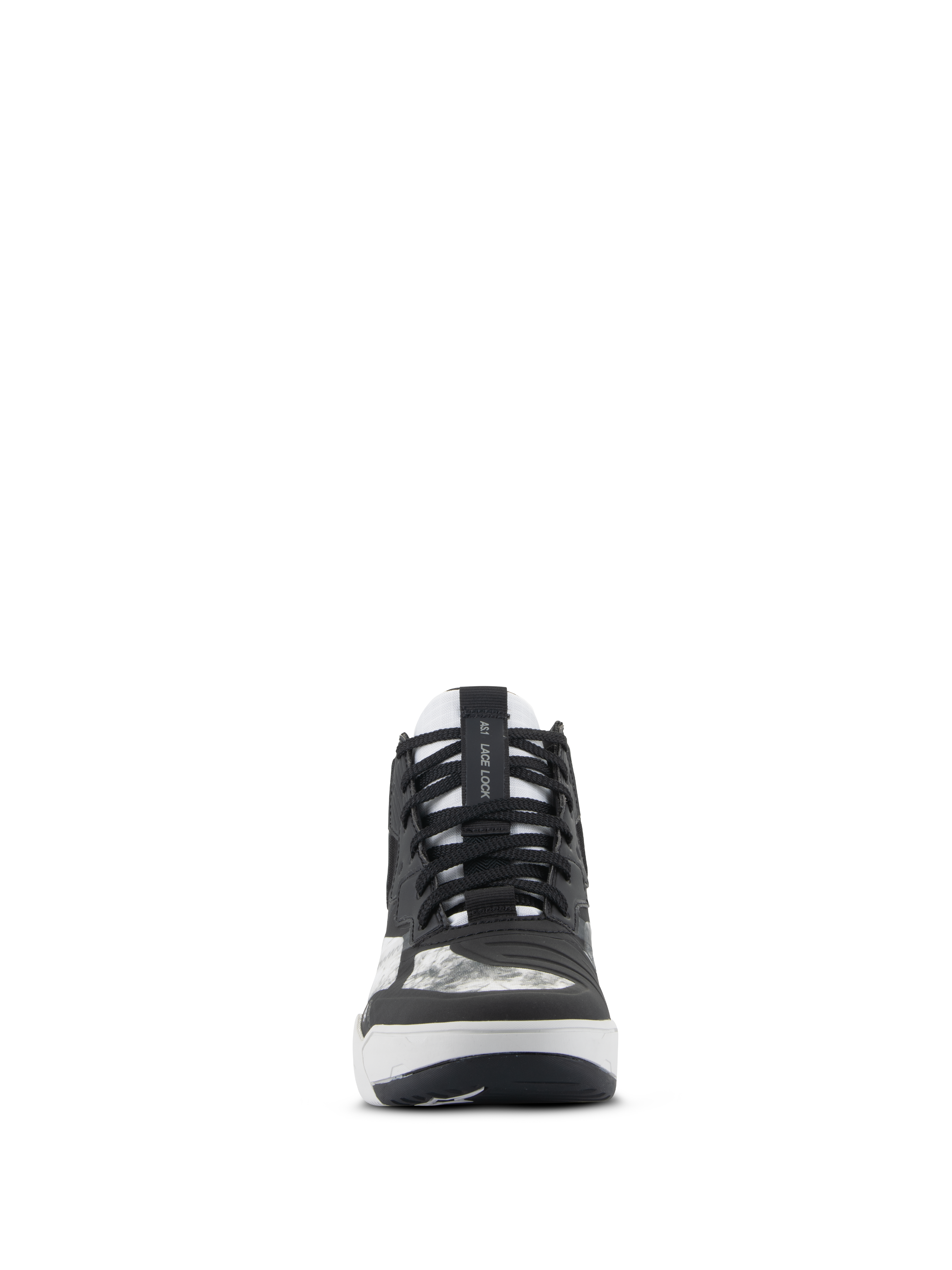 Buty Alpinestars Speedflight, buty motocyklowe, czarno-szaro-białe, widok z przodu z czarnymi sznurowadłami, paskiem AS1 Lace Lock na języku i zintegrowaną nakładką na zmianę biegów, sportowe obuwie w stylu ulicznym