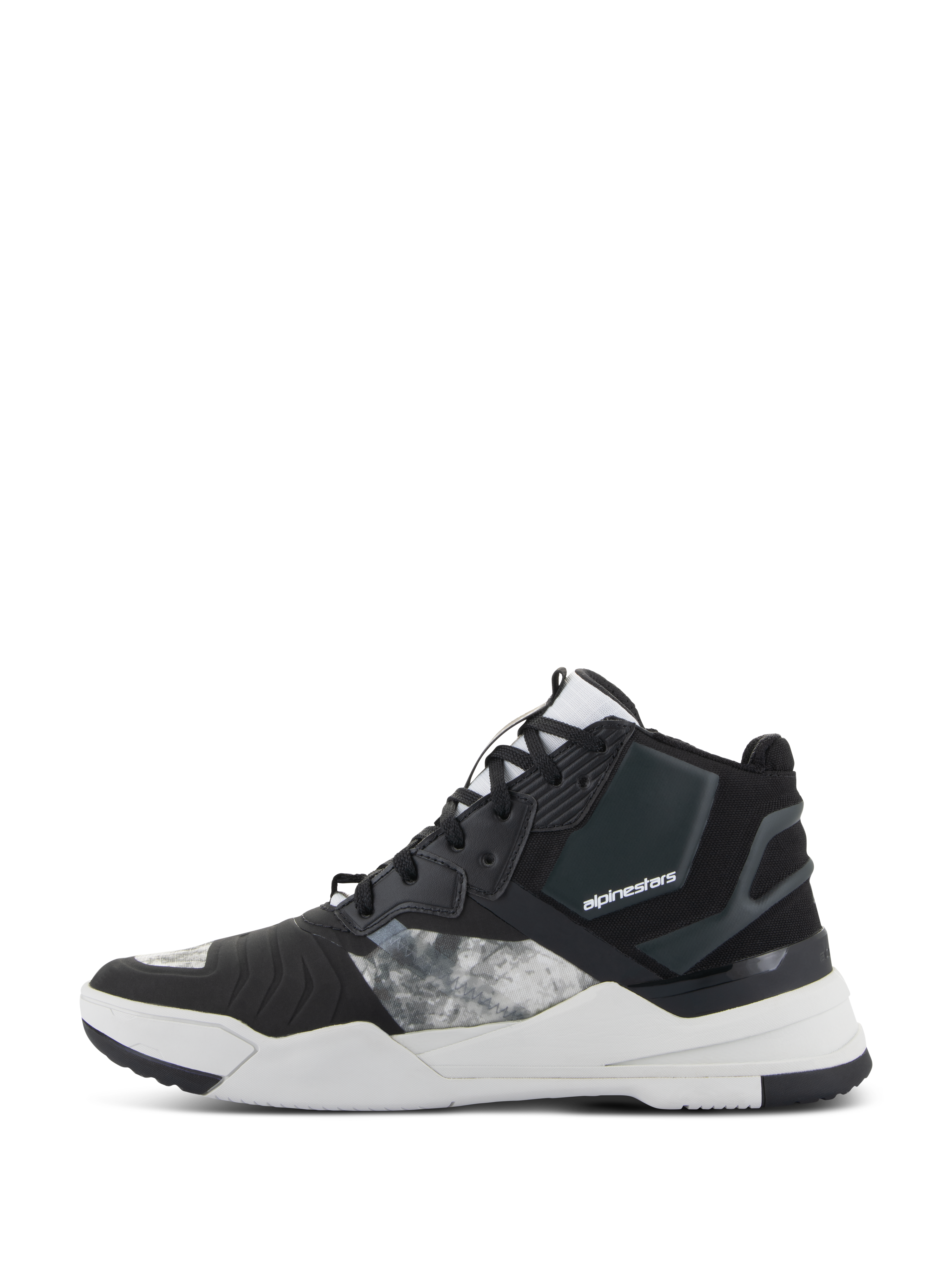 Buty Alpinestars Speedflight, buty motocyklowe, czarno-szaro-białe, widok z boku przedstawiający cholewkę z tkaniny ripstop z szarymi wzorzystymi panelami, czarną wzmocnioną piętę i grubą białą podeszwę środkową z logo marki, miejski design w sportowym stylu