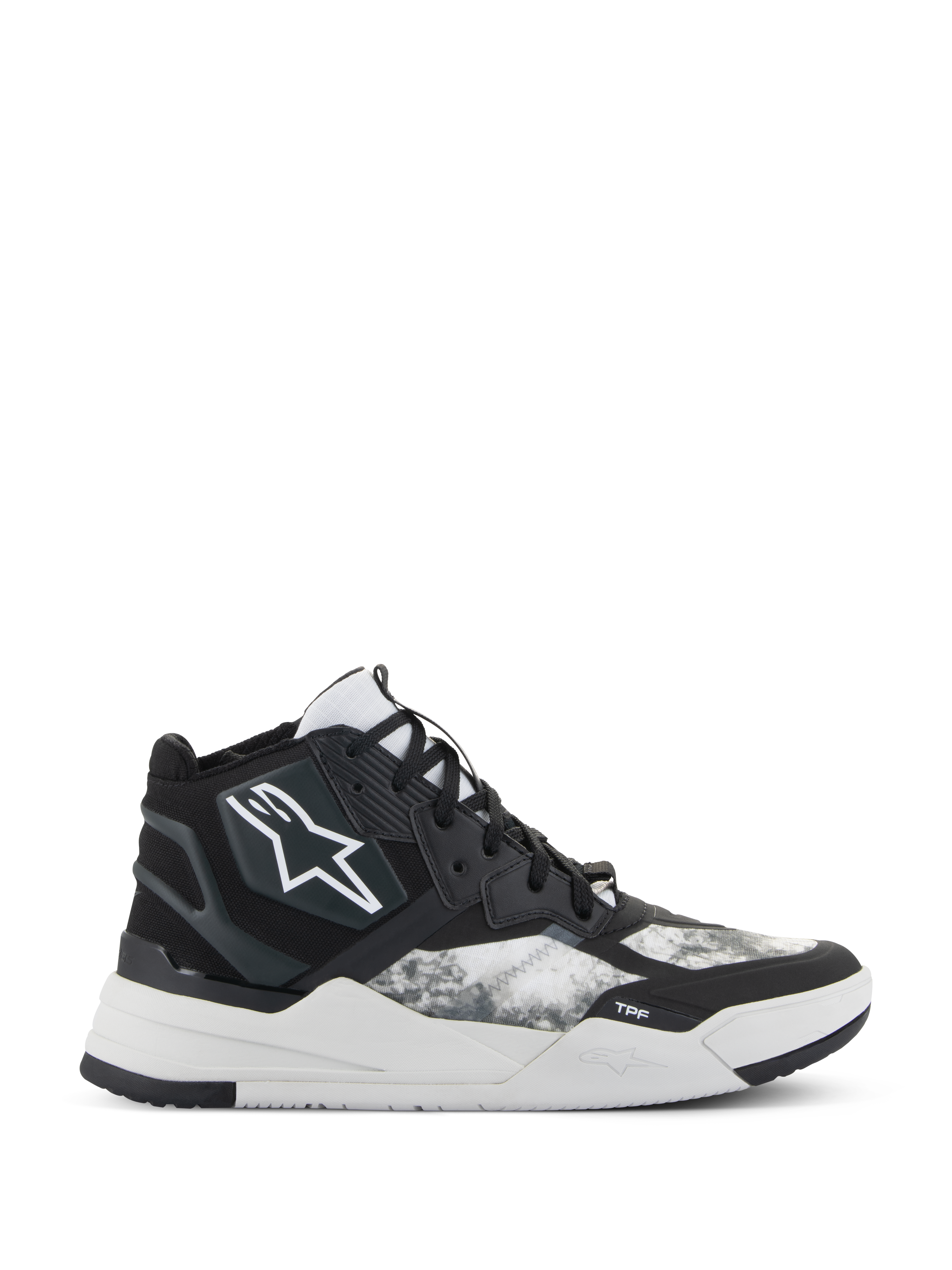 Alpinestars Speedflight Shoes, wysokie wyczynowe sneakersy do jazdy, czarno-szaro-białe, z białym logo gwiazdy, teksturowanym wzorem ripstop na panelach bocznych oraz grubą białą geometryczną podeszwą z brandingiem TPF