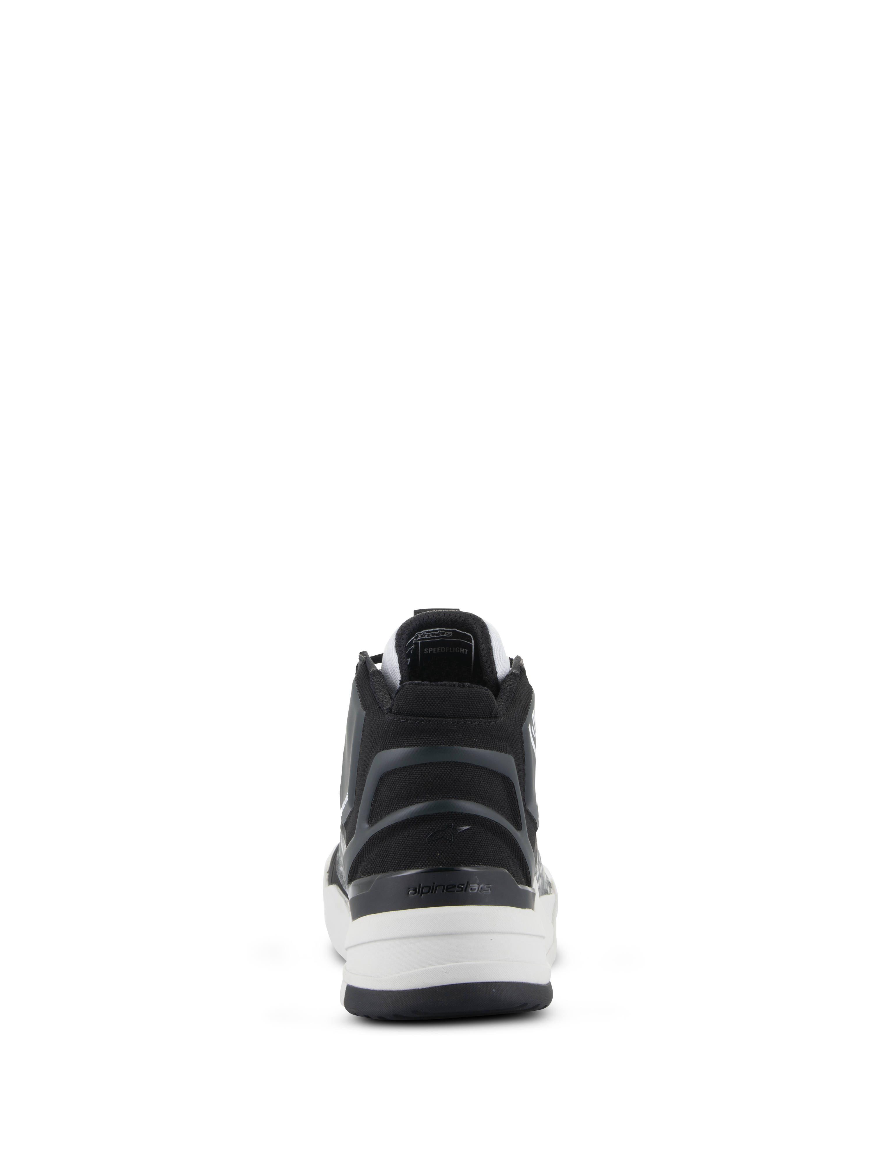 Alpinestars Speedflight Shoes, buty motocyklowe Performance, czarno-szaro-białe, widok z tyłu podkreślający asymetryczny zapiętek TPU z logo, białą podeszwę środkową i sportowy design w stylu miejskim