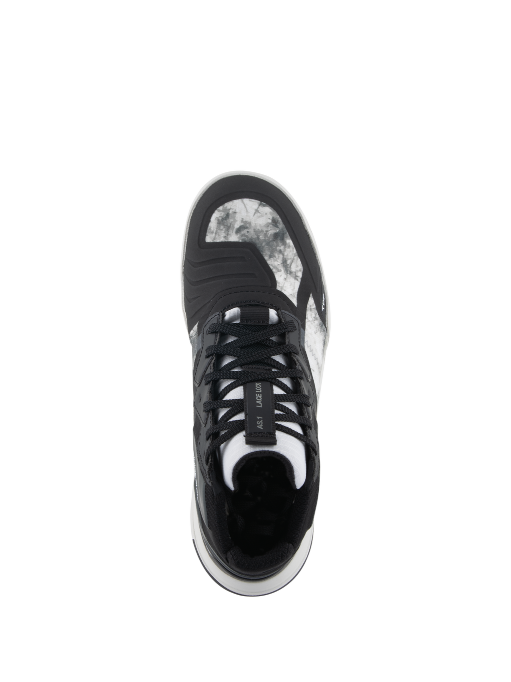 Alpinestars Speedflight Shoes, czarno-szaro-białe, widok z góry pokazujący marmurkową cholewkę ripstop, system blokady sznurowadeł na języku i zintegrowaną nakładkę do zmiany biegów, motocyklowe buty miejskie