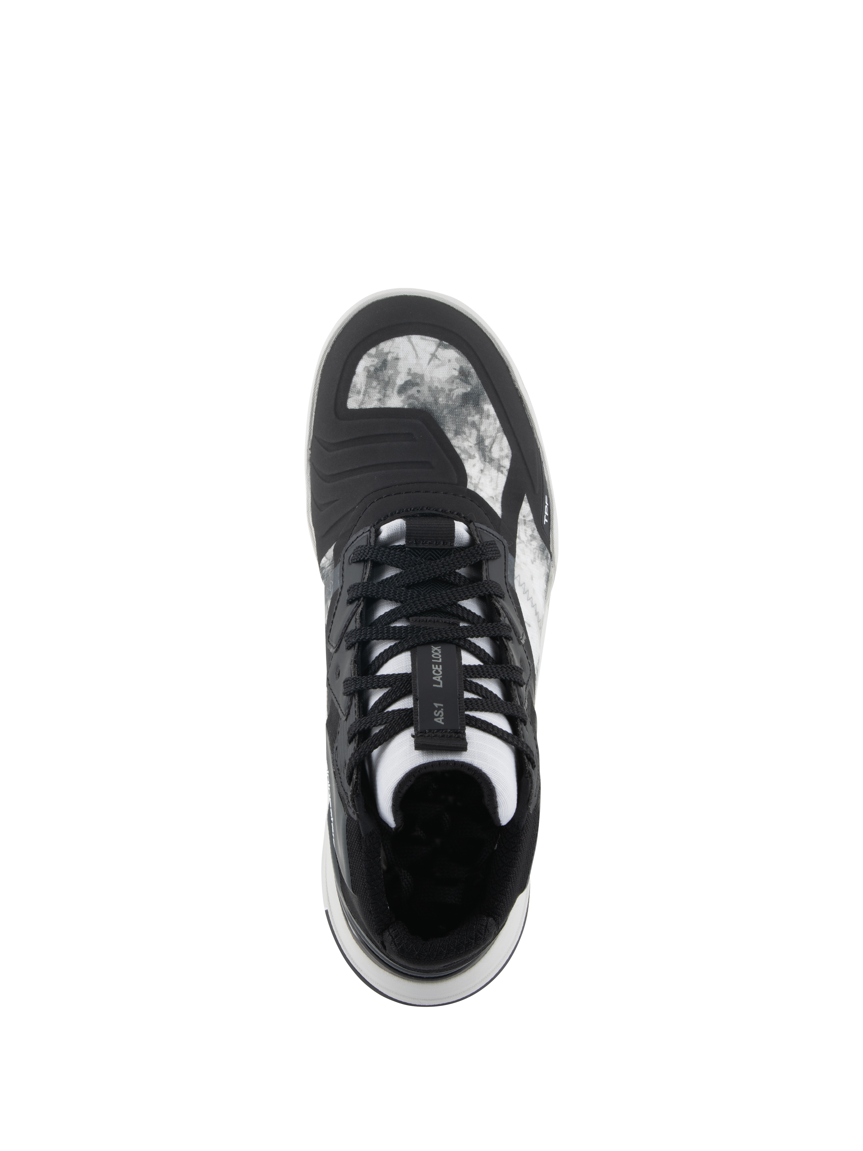 Alpinestars Speedflight Shoes, czarno-szaro-białe, widok z góry pokazujący marmurkową cholewkę ripstop, system blokady sznurowadeł na języku i zintegrowaną nakładkę do zmiany biegów, motocyklowe buty miejskie