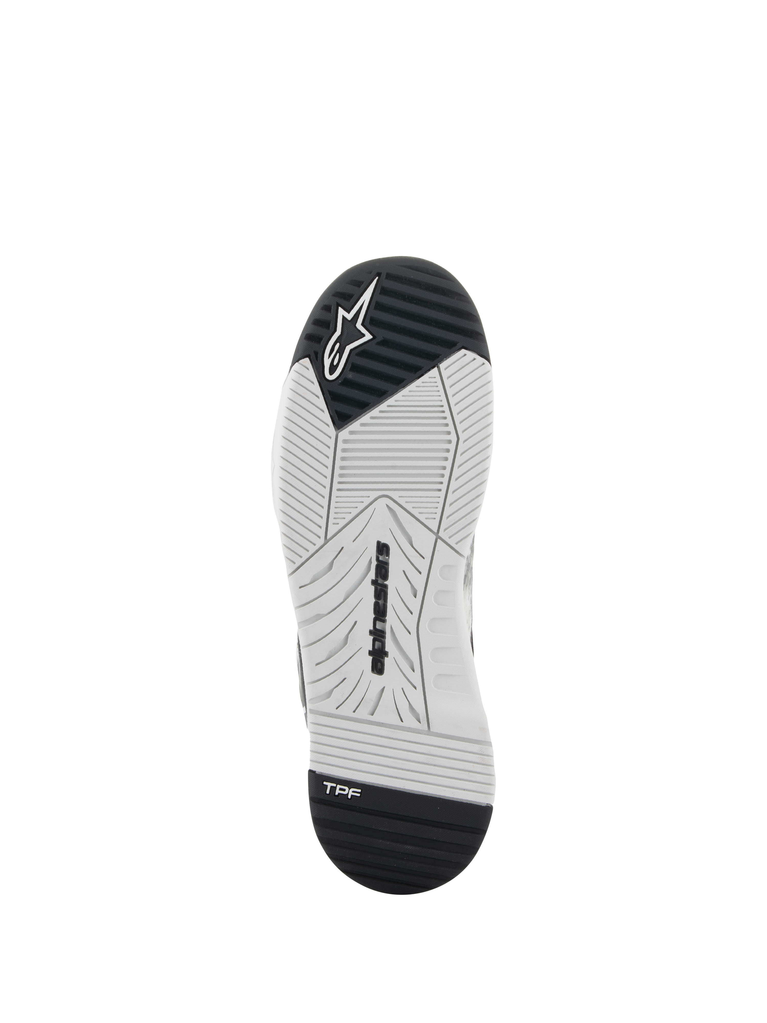 Buty Alpinestars Speedflight, buty motocyklowe, czarno-białe, widok od spodu na podeszwę z gumy o podwójnej gęstości, logo Alpinestars i TPF Transversal Protection Frame, specjalnie zaprojektowany bieżnik zapewniający przyczepność
