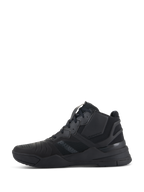 Alpinestars Speedflight Shoes, Black Black, Side profile of performance motorcycle riding shoes, mid-top sneaker-inspired design with ripstop upper and seamless reinforcement panels, durable all-black athletic silhouette