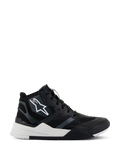 Alpinestars Speedflight Shoes, high-top motorcycle riding shoes, Black and White, featuring a ripstop upper with seamless reinforcements, white star logo on the side, dual-density sole with thick white midsole and black accents, modern sneaker-inspired design for urban motorcycling