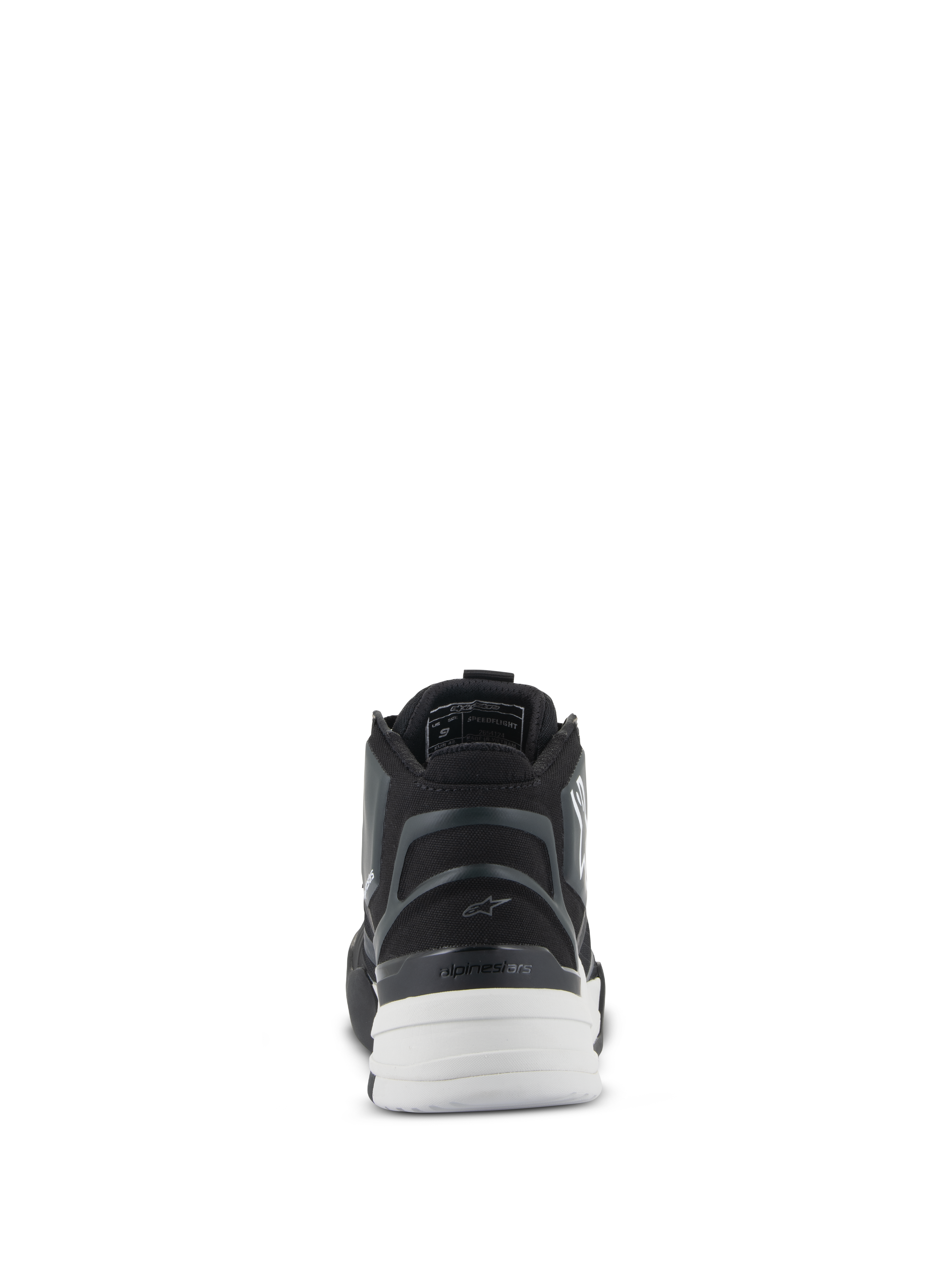 Alpinestars Speedflight Shoes, Black and White, rear view featuring a molded semi-rigid heel piece, asymmetric TPU heel counter, and white dual-density sole, performance urban riding footwear
