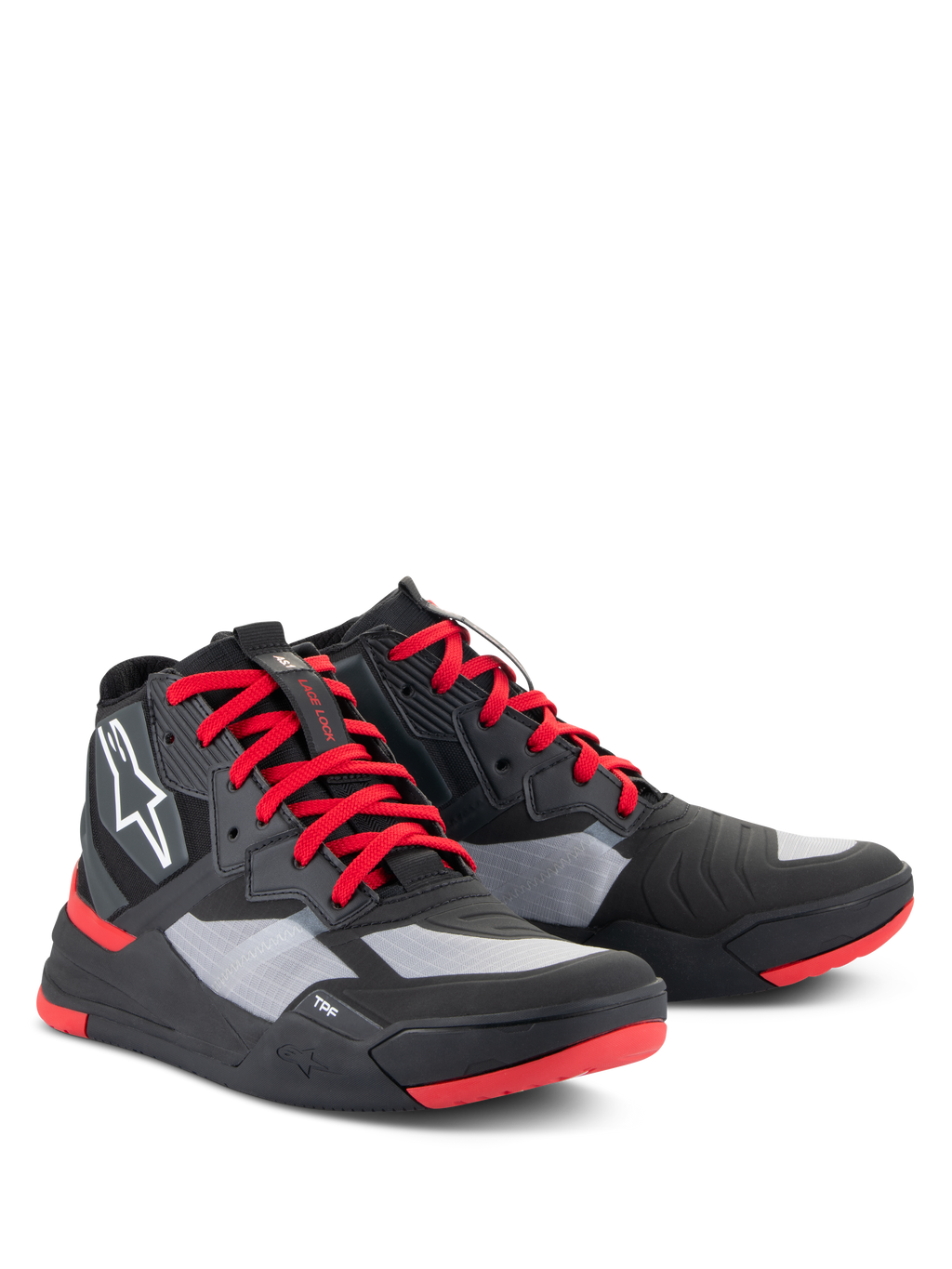 Buty Alpinestars Speedflight, sportowe buty motocyklowe, czarno-czerwono-białe, cholewka ripstop z szarymi panelami, czerwone sznurowadła i akcenty na podeszwie, białe logo Astars z boku, sportowy design sneakersów motocyklowych