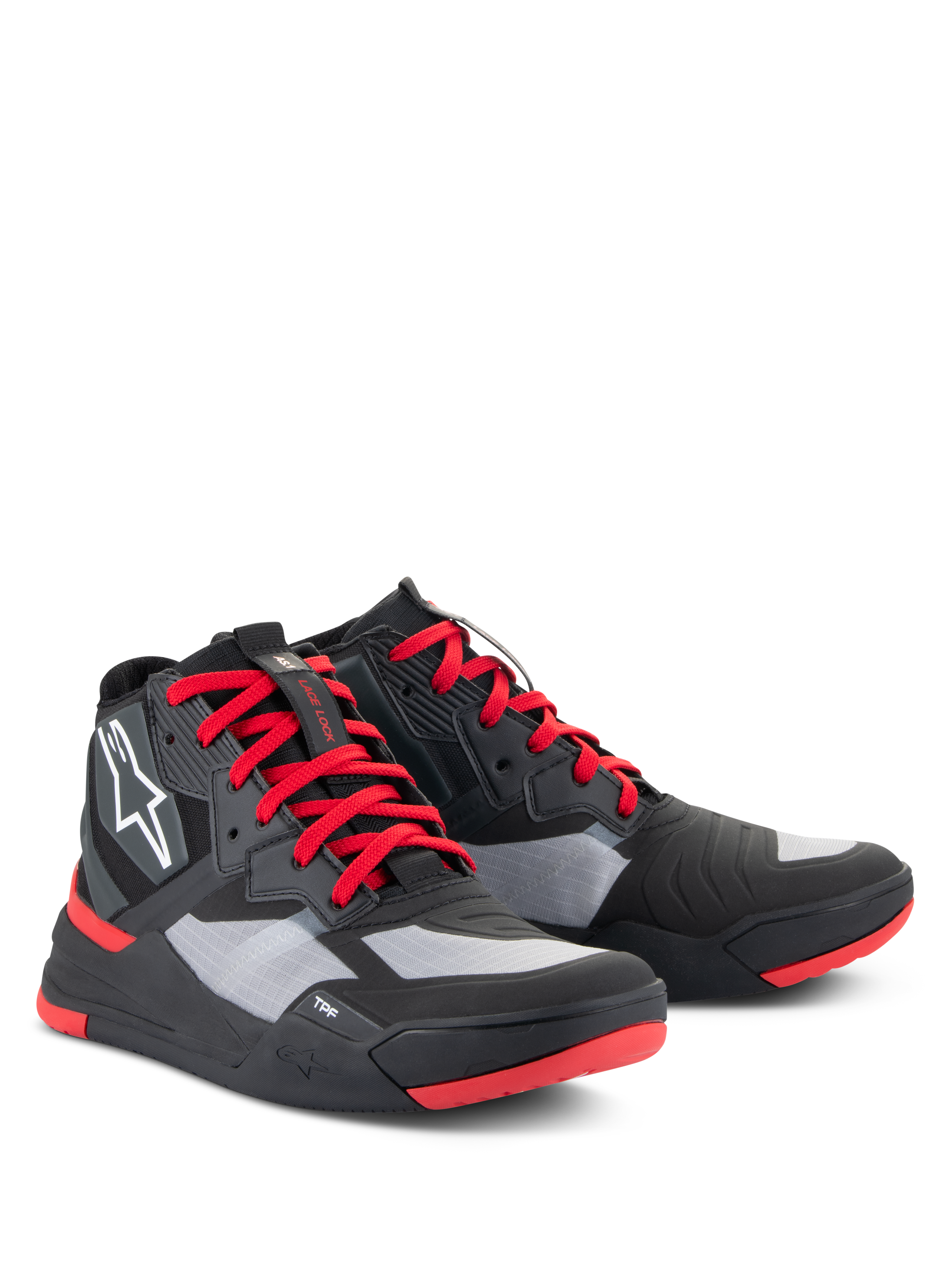 Buty Alpinestars Speedflight, sportowe buty motocyklowe, czarno-czerwono-białe, cholewka ripstop z szarymi panelami, czerwone sznurowadła i akcenty na podeszwie, białe logo Astars z boku, sportowy design sneakersów motocyklowych