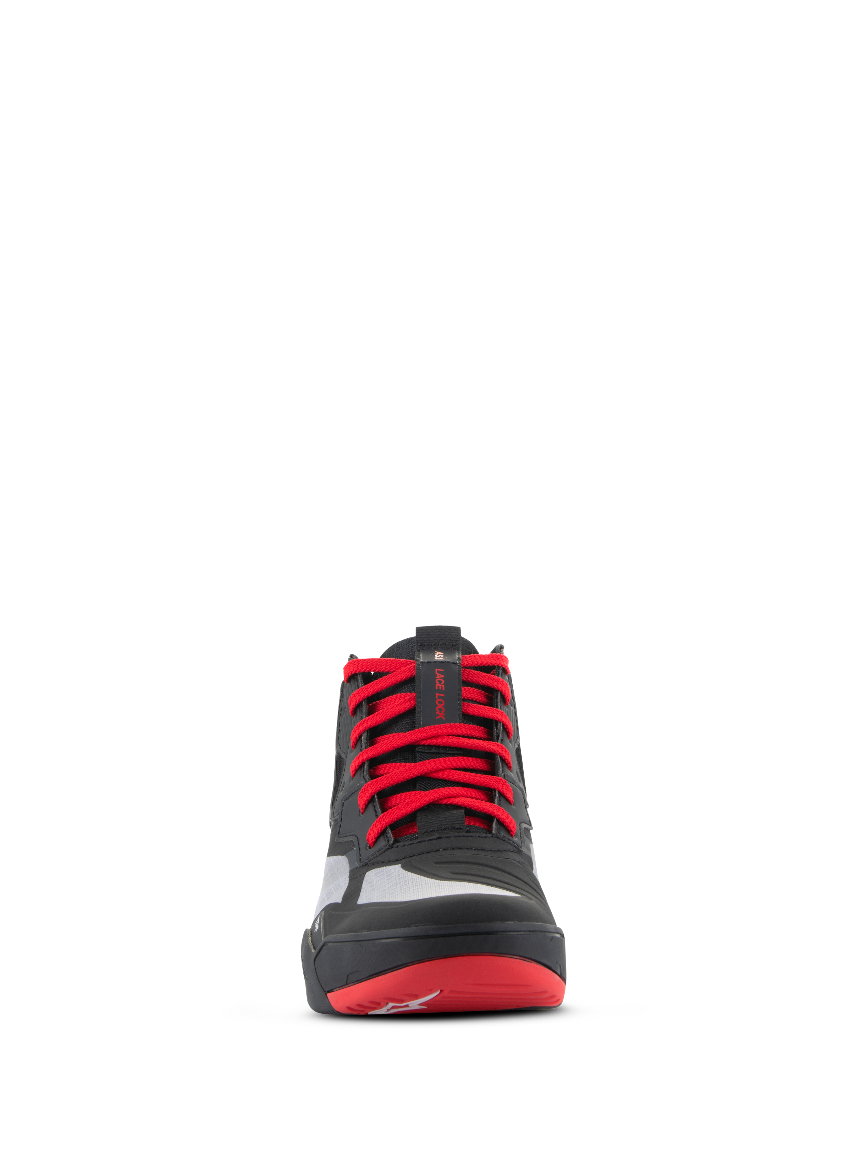 Alpinestars Speedflight Shoes, wyczynowe buty motocyklowe, czarne, jaskrawoczerwone i białe, widok z przodu z wyrazistymi czerwonymi sznurowadłami, paskiem blokującym sznurowadła na języku i bezszwowymi panelami wzmacniającymi do miejskiej jazdy motocyklowej.