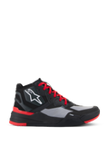 Buty Alpinestars Speedflight, wysokie sneakersy motocyklowe, czarno-jaskrawoczerwone z szarymi panelami, białe logo gwiazdy, czerwone sznurowadła, sportowy miejski design z podeszwą środkową TPF