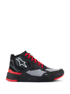 Buty Alpinestars Speedflight, wysokie sneakersy motocyklowe, czarno-jaskrawoczerwone z szarymi panelami, białe logo gwiazdy, czerwone sznurowadła, sportowy miejski design z podeszwą środkową TPF