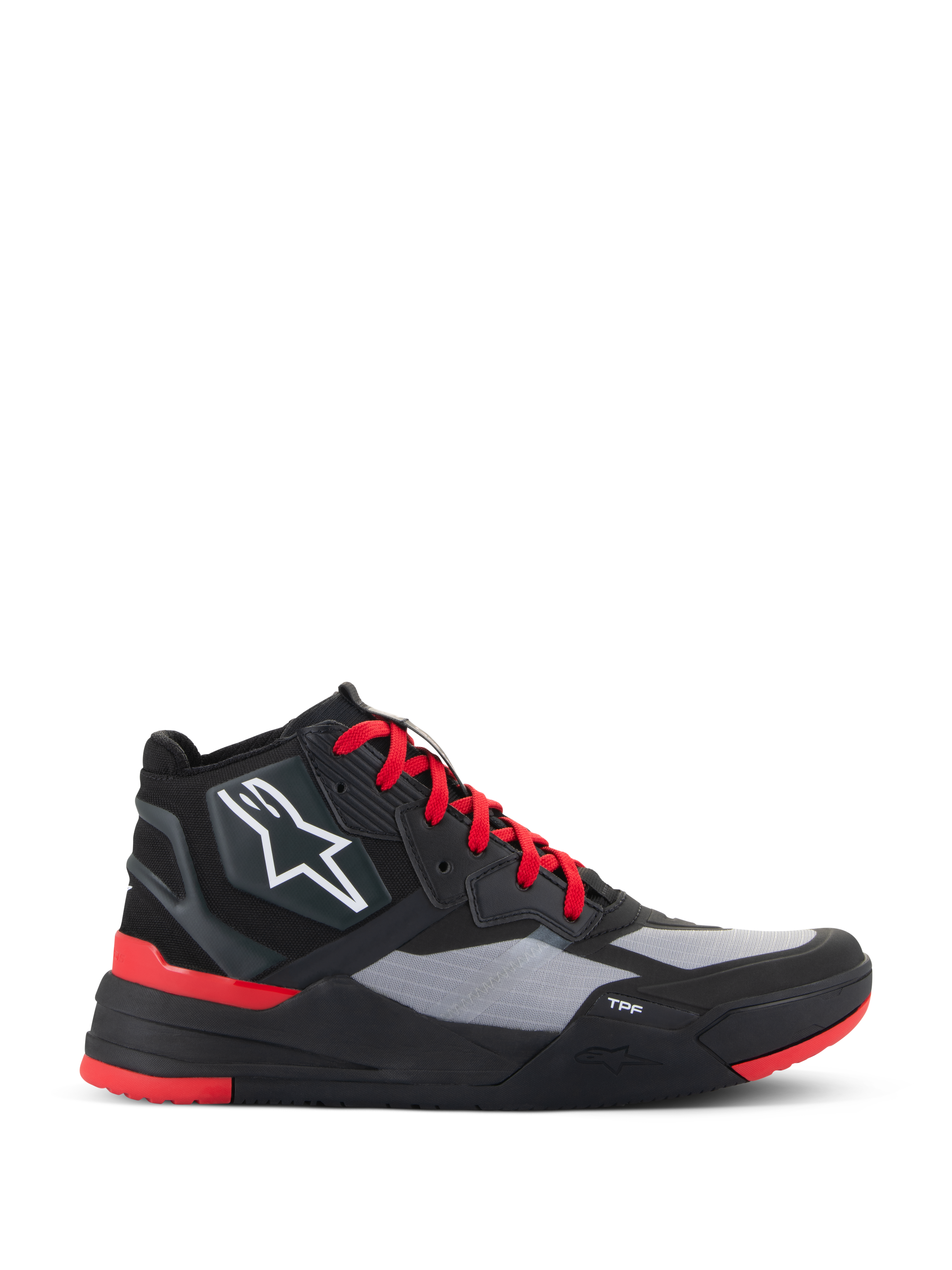 Buty Alpinestars Speedflight, wysokie sneakersy motocyklowe, czarno-jaskrawoczerwone z szarymi panelami, białe logo gwiazdy, czerwone sznurowadła, sportowy miejski design z podeszwą środkową TPF