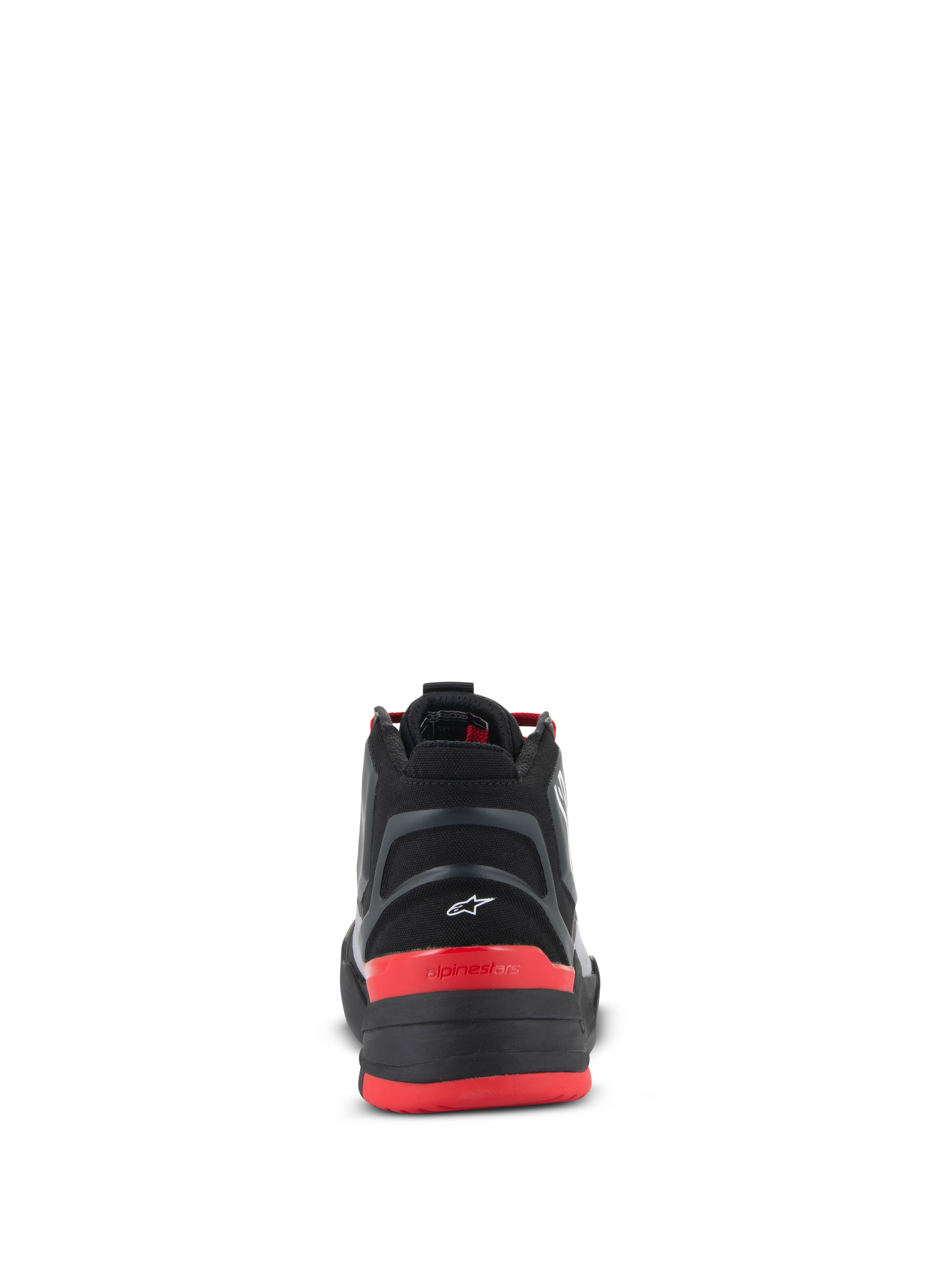 Buty Alpinestars Speedflight, motocyklowe buty miejskie, czarno-czerwono-białe, widok z tyłu pokazujący formowany element pięty z małym białym logo Astar, czerwony zapiętek z napisem alpinestars oraz cholewkę z wytrzymałego materiału ripstop