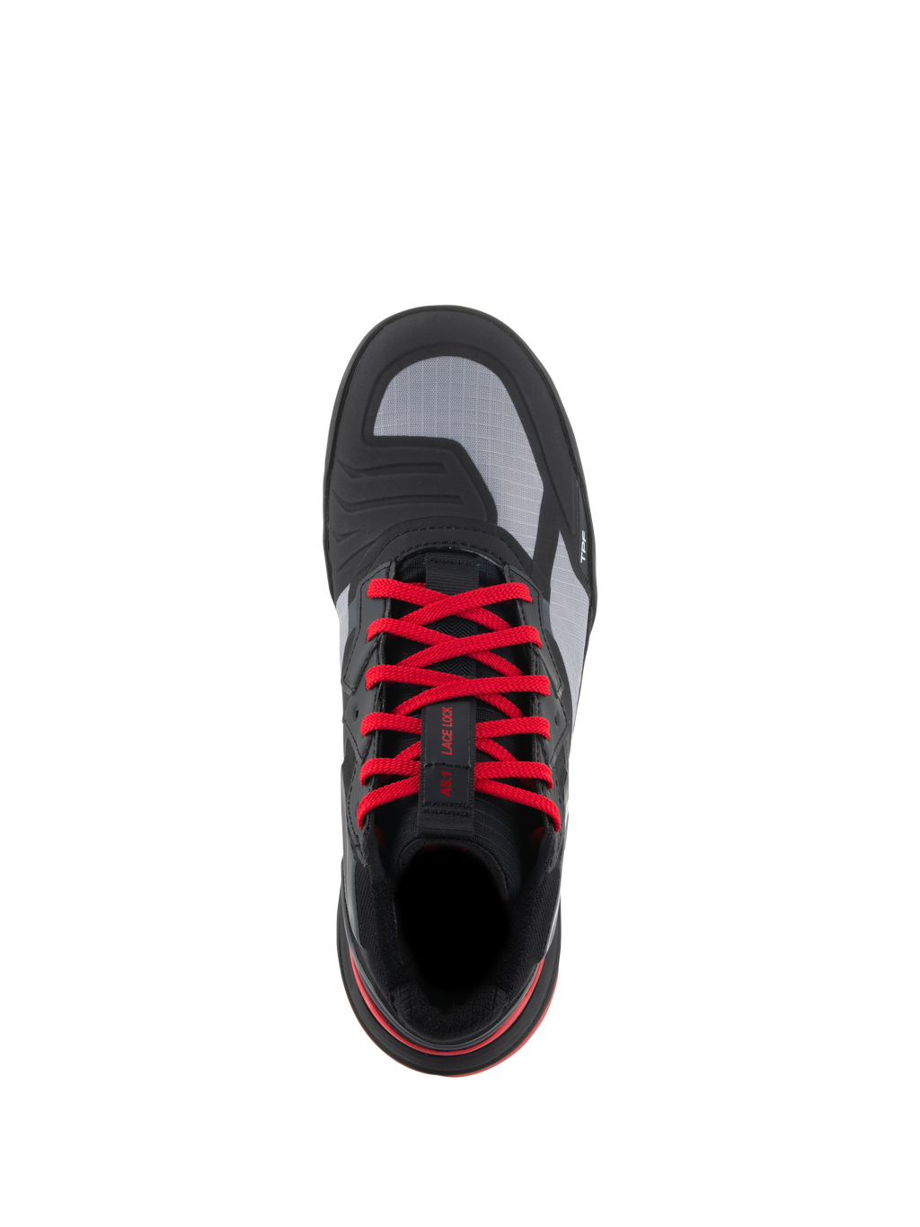 Buty Alpinestars Speedflight, buty motocyklowe, czarno-jasnoczerwono-białe, widok z góry z jaskrawoczerwonymi sznurowadłami, szarymi panelami ripstop i zintegrowaną nakładką na zmianę biegów, miejskie obuwie motocyklowe.