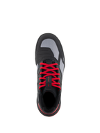 Buty Alpinestars Speedflight, buty motocyklowe, czarno-jasnoczerwono-białe, widok z góry z jaskrawoczerwonymi sznurowadłami, szarymi panelami ripstop i zintegrowaną nakładką na zmianę biegów, miejskie obuwie motocyklowe.