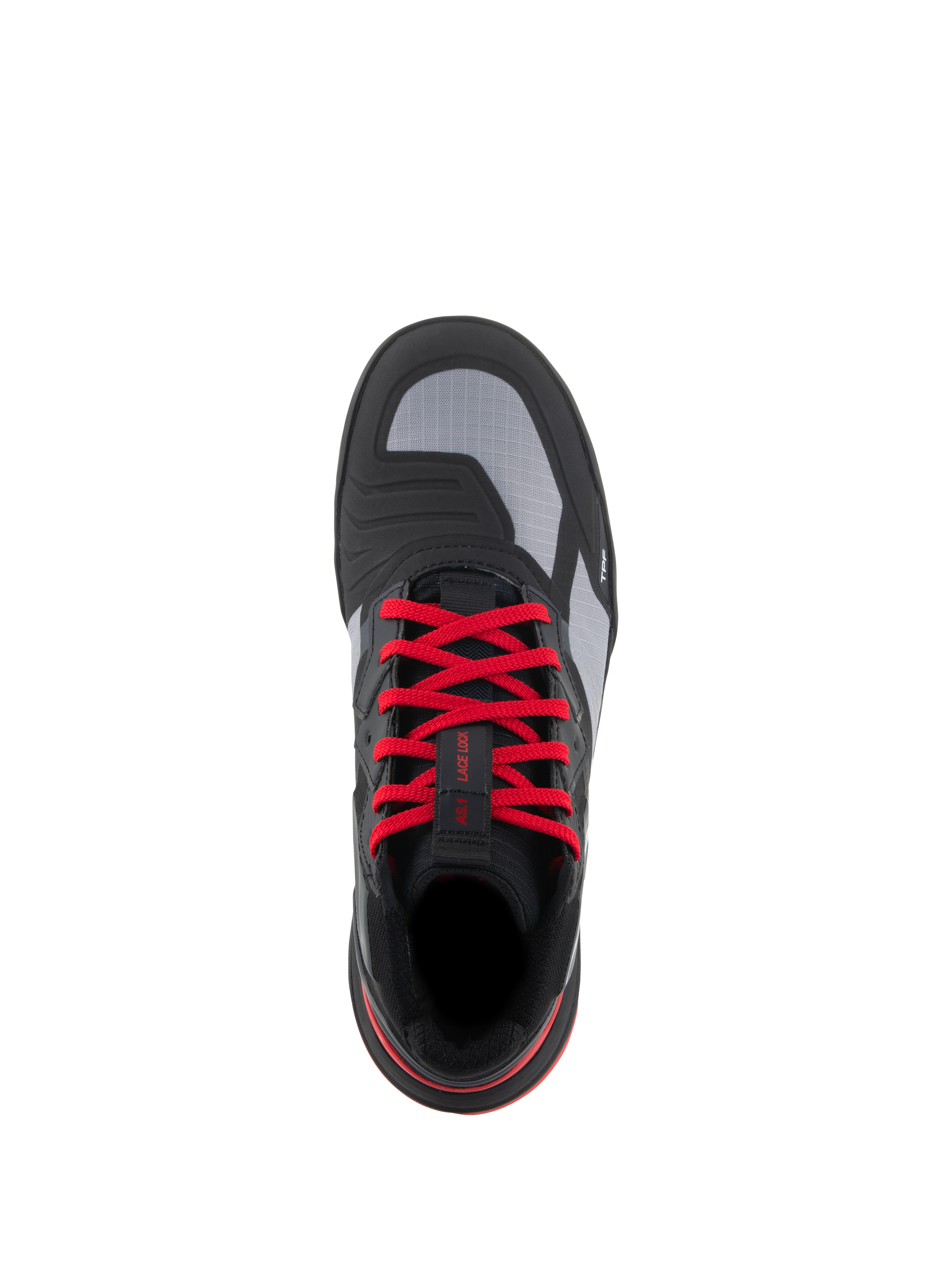 Buty Alpinestars Speedflight, buty motocyklowe, czarno-jasnoczerwono-białe, widok z góry z jaskrawoczerwonymi sznurowadłami, szarymi panelami ripstop i zintegrowaną nakładką na zmianę biegów, miejskie obuwie motocyklowe.