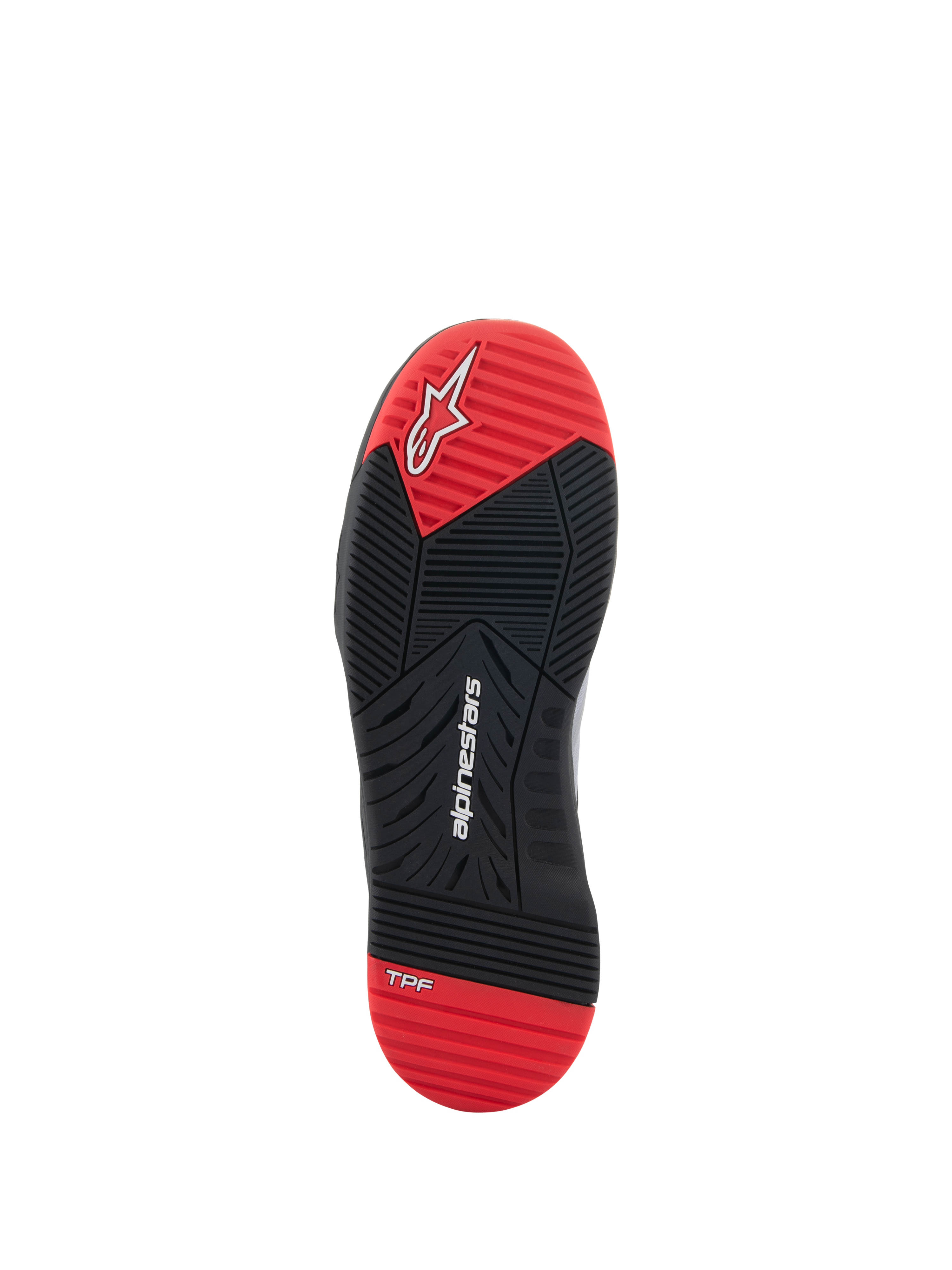 Buty Alpinestars Speedflight, buty motocyklowe, widok na podeszwę, czarno-jaskrawoczerwone, z białym logo Alpinestars i oznaczeniem TPF, gumowa podeszwa zewnętrzna o podwójnej gęstości z wielokierunkowym wzorem bieżnika.