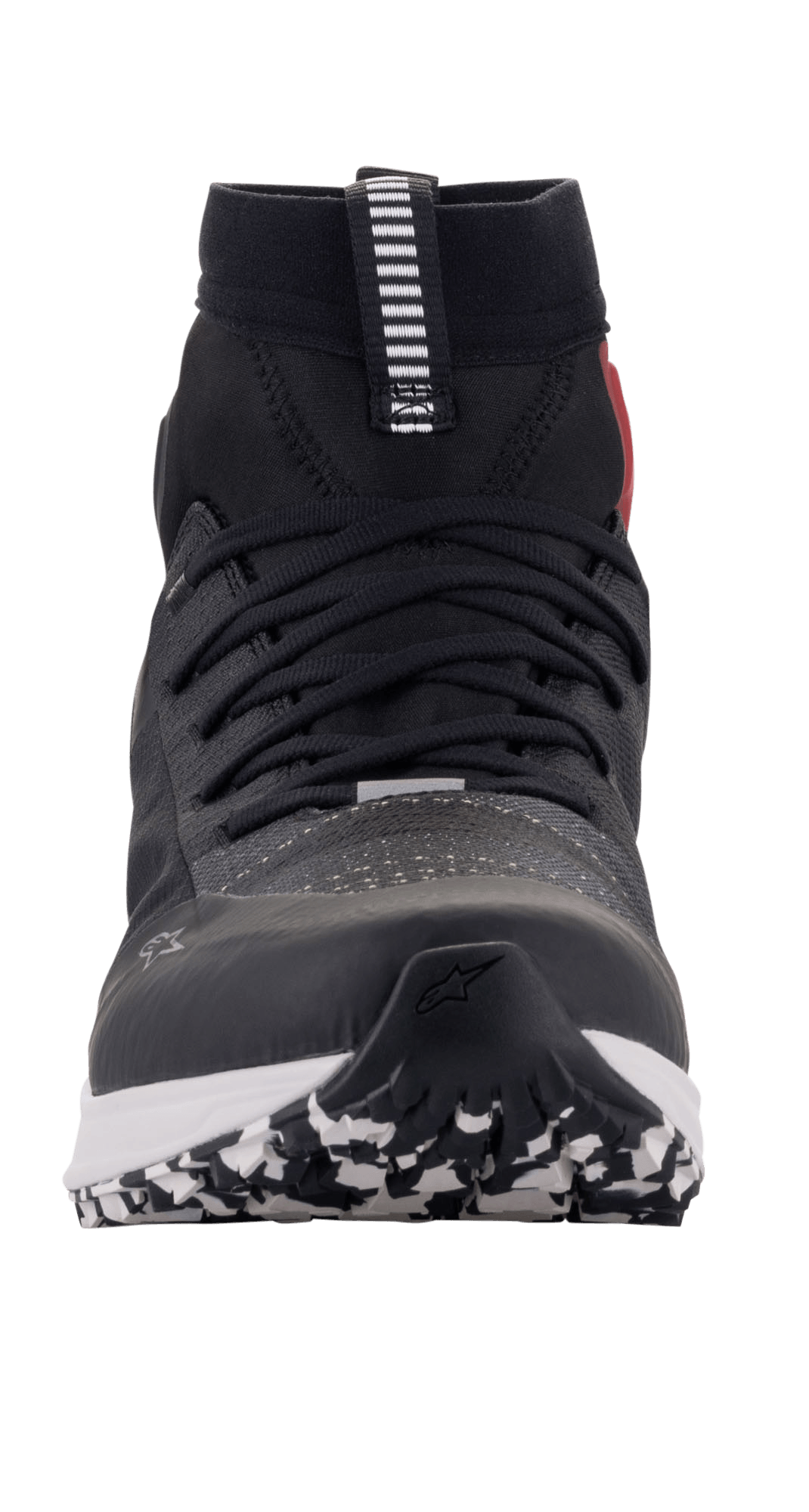 Alpinestars Speedforce Shoes, Motorcycle Riding Shoes, Black White and Red, front-facing view showing running shoe silhouette, MATRYX upper, high-cut design, and patterned outsole