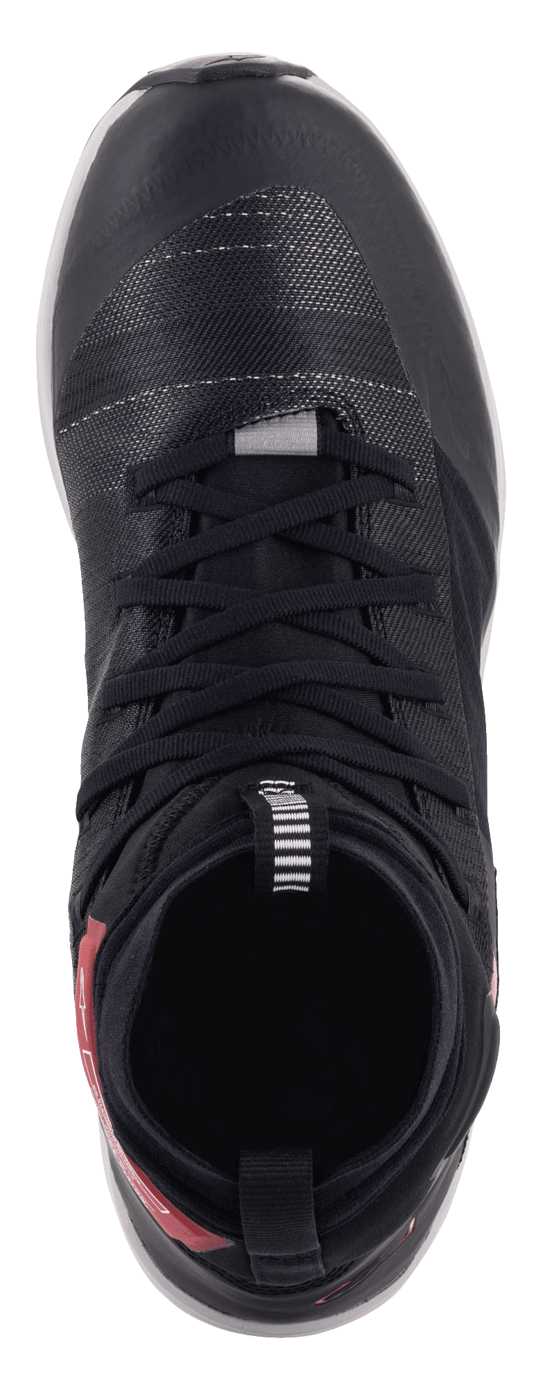 Alpinestars Speedforce Shoes, top-down view, black with red accents on the heel, high-cut motorcycle riding shoes featuring MATRYX textile upper, black laces, and running shoe silhouette