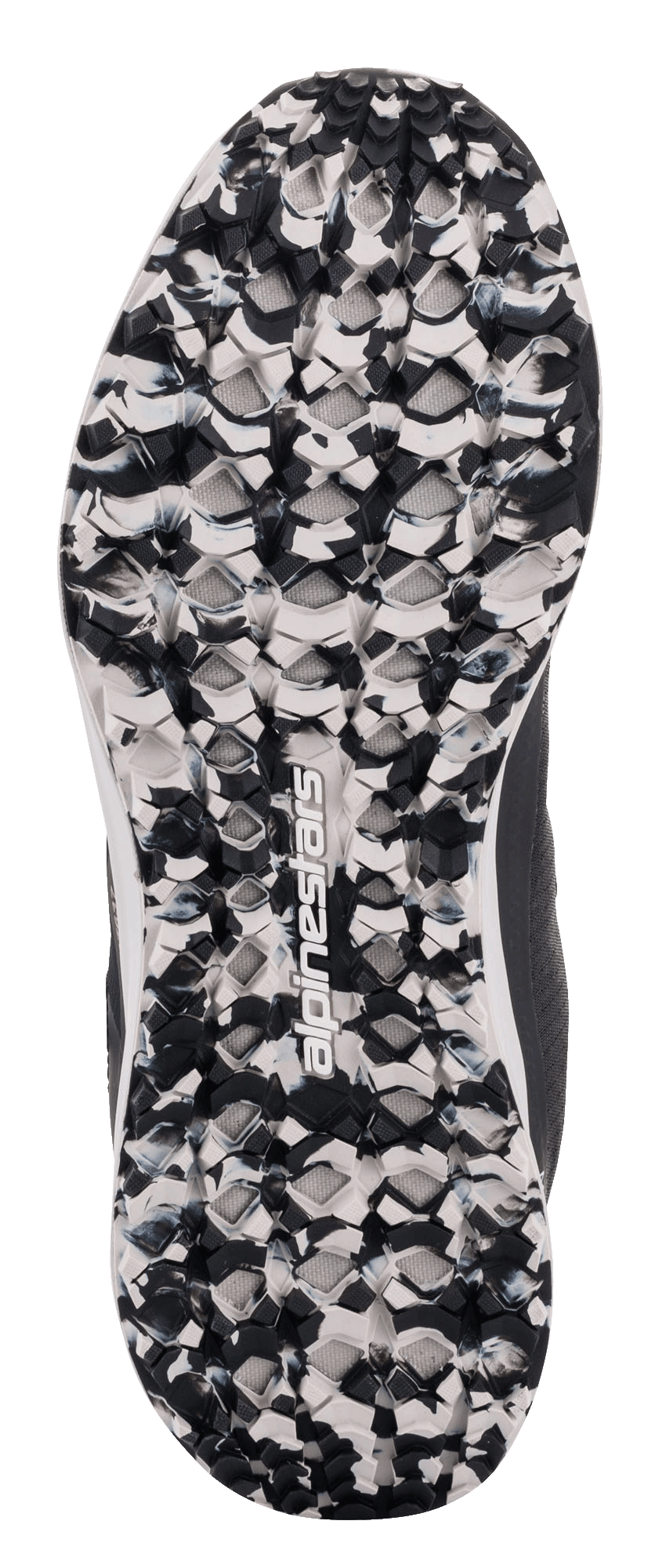 Alpinestars Speedforce Shoes, Outsole detail, Marbled Black and White, textured tread pattern with central Alpinestars logo, casual motorcycle riding shoe designed for grip and comfort