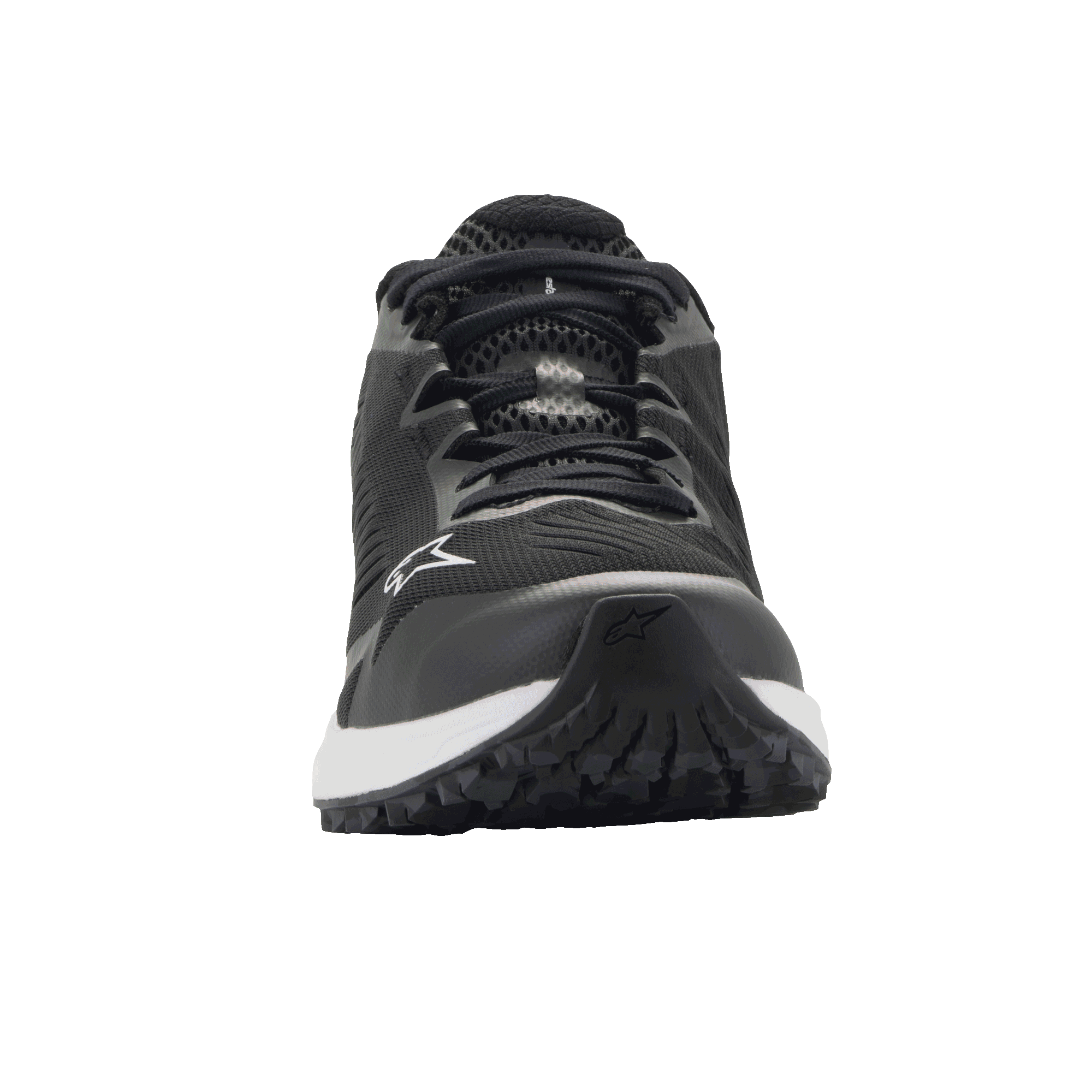 Buty Alpinestars Meta Road V2, buty sportowe, czarno-białe, widok z przodu z oddychającą konstrukcją z siatki, białą podeszwą środkową i logo Alpinestars z boku i na czubku, lekkie obuwie robocze inspirowane motorsportem