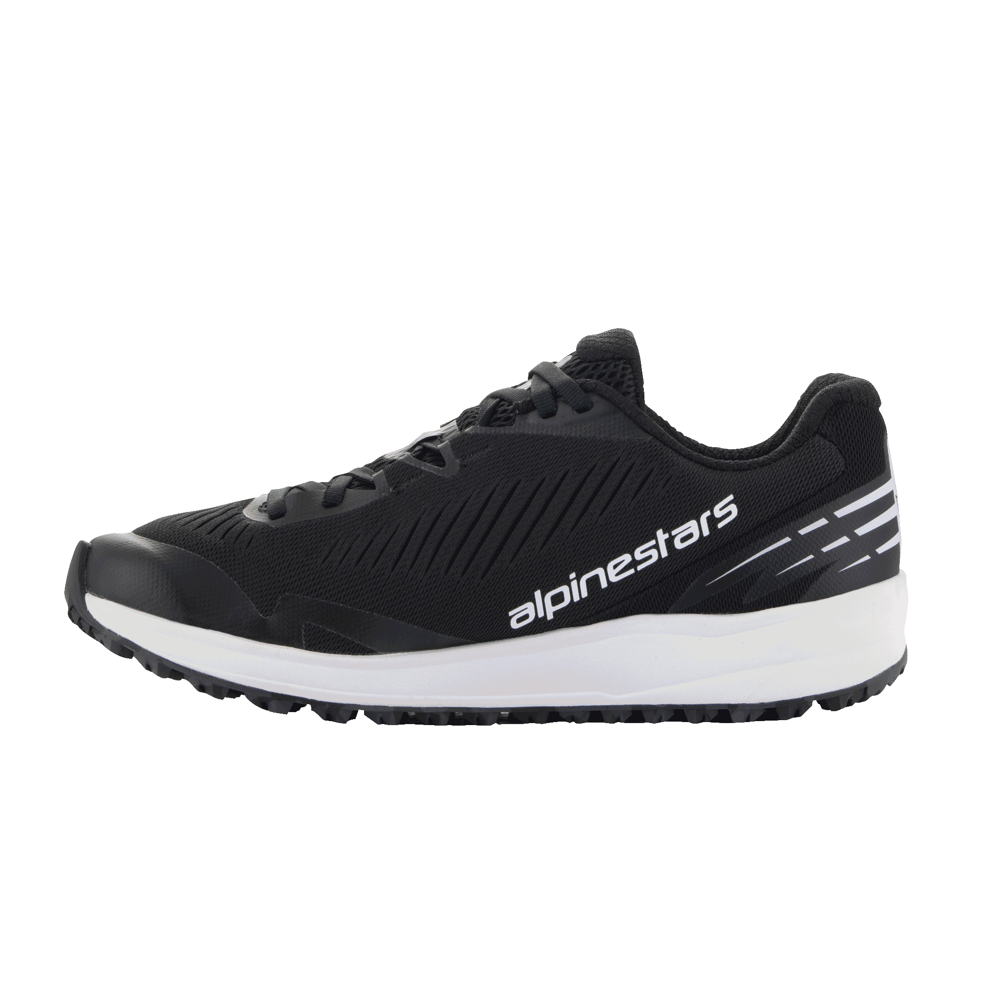 Buty Alpinestars Meta Road V2, buty sportowe, czarno-białe, oddychająca cholewka z siatki z ukośnymi prążkami, gruba biała podeszwa środkowa, białe logo Alpinestars z boku, białe paski na pięcie, sportowy design do użytku codziennego i jako odzież robocza dla zespołów wyścigowych
