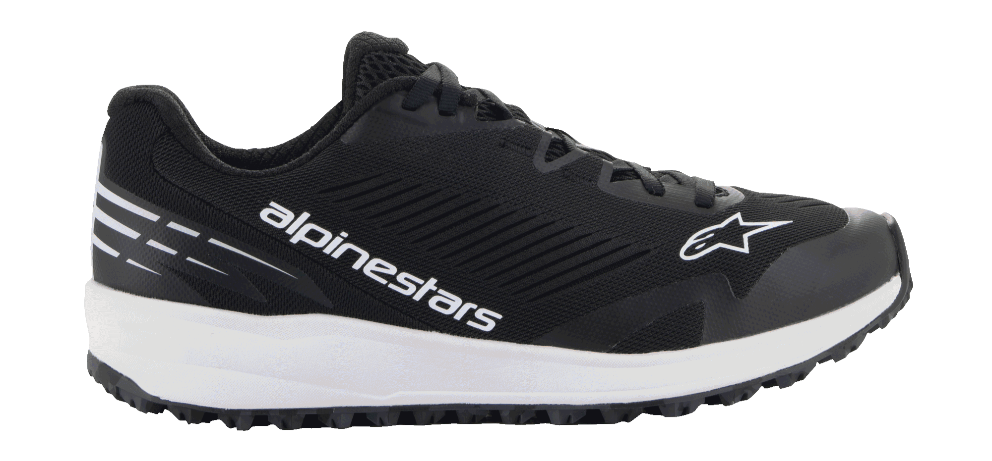 Alpinestars Meta Road V2 Shoes, buty sportowe, czarno-białe, widok z boku z czarną siateczkową cholewką, białym brandingiem Alpinestars i logo gwiazdy, białą amortyzowaną podeszwą środkową i czarną teksturowaną podeszwą