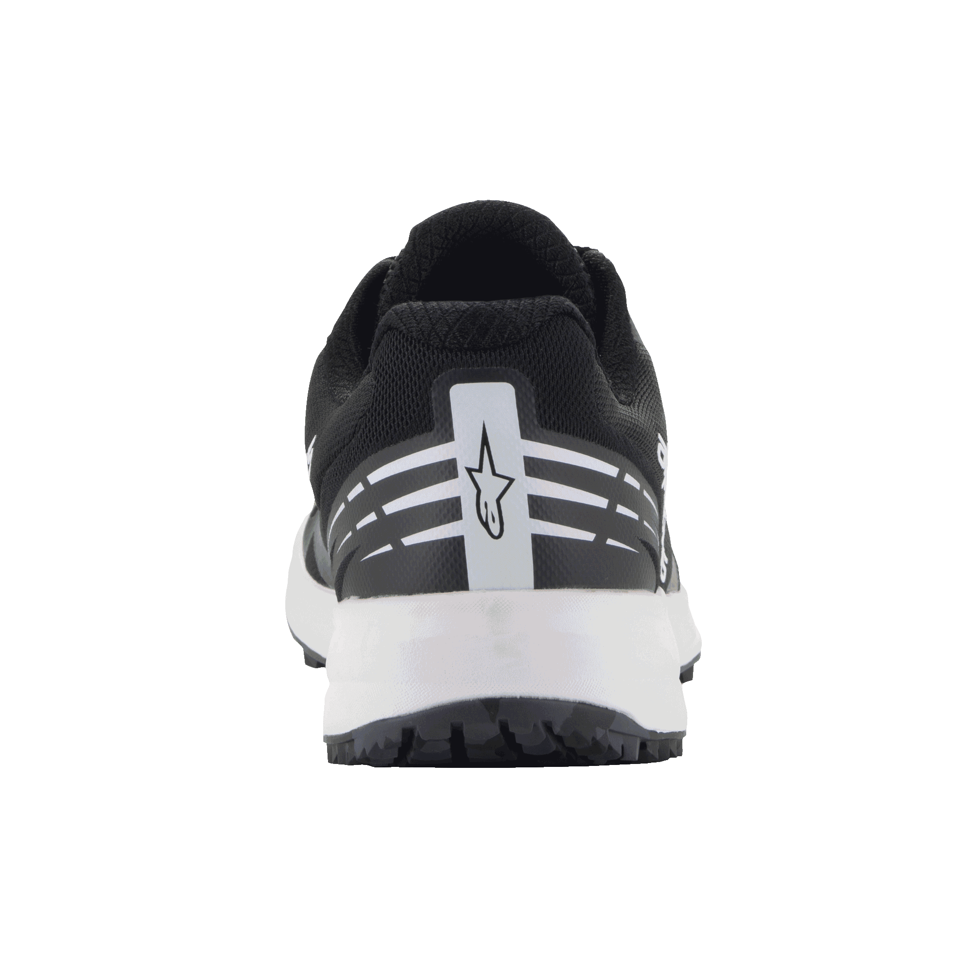 Buty Alpinestars Meta Road V2, buty sportowe, czarno-białe, widok z tyłu z białym logo gwiazdy Alpinestars i poziomymi paskami na pięcie, biała podeszwa środkowa, lekka i oddychająca konstrukcja dla zespołów wyścigowych