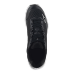 Buty Alpinestars Meta Road V2, buty sportowe, czarno-białe, widok z góry na oddychającą cholewkę z syntetycznej siatki, czarne sznurowadła i białe logo Astars, zaprojektowane dla całodziennego komfortu i jako odzież robocza dla zespołów wyścigowych