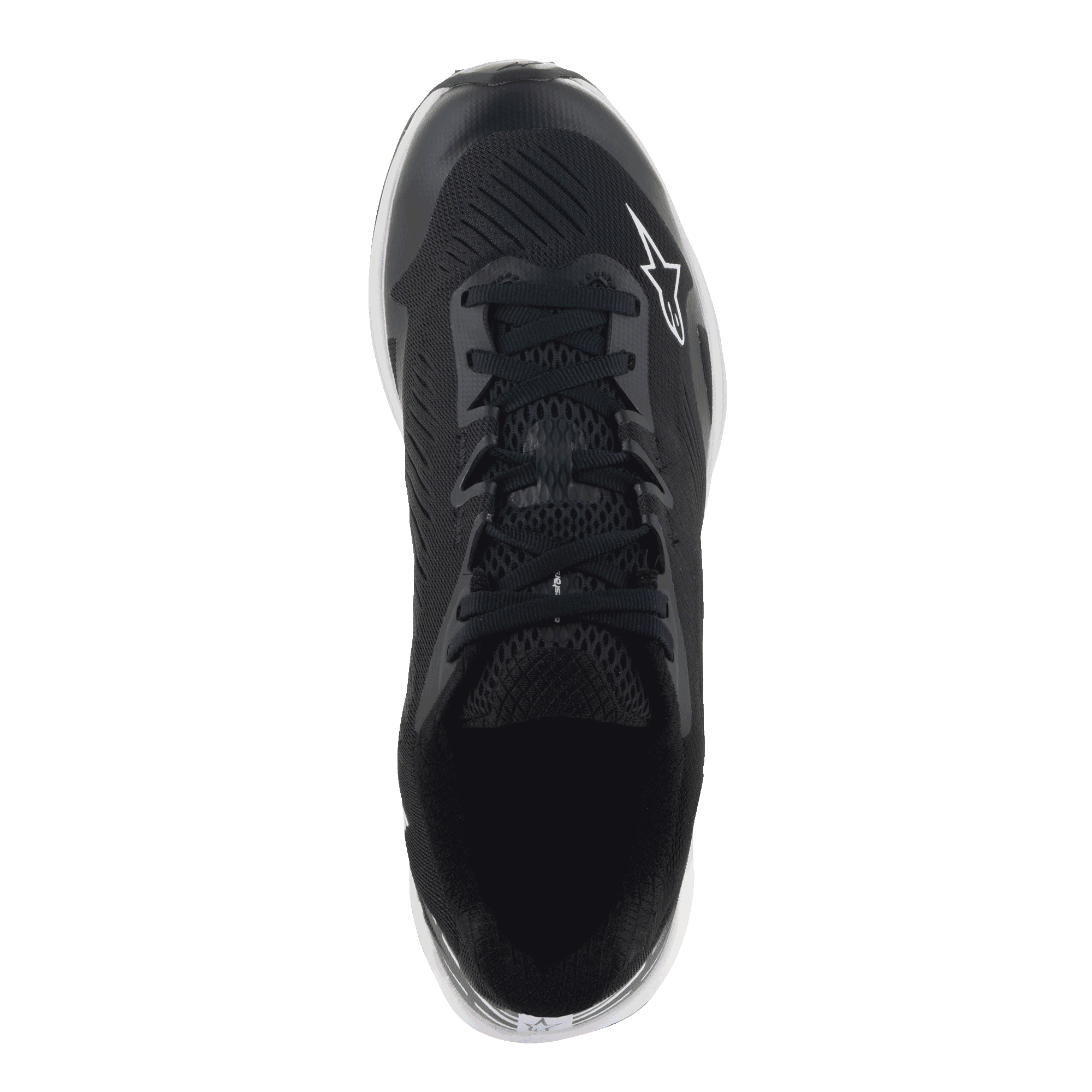Buty Alpinestars Meta Road V2, buty sportowe, czarno-białe, widok z góry na oddychającą cholewkę z syntetycznej siatki, czarne sznurowadła i białe logo Astars, zaprojektowane dla całodziennego komfortu i jako odzież robocza dla zespołów wyścigowych