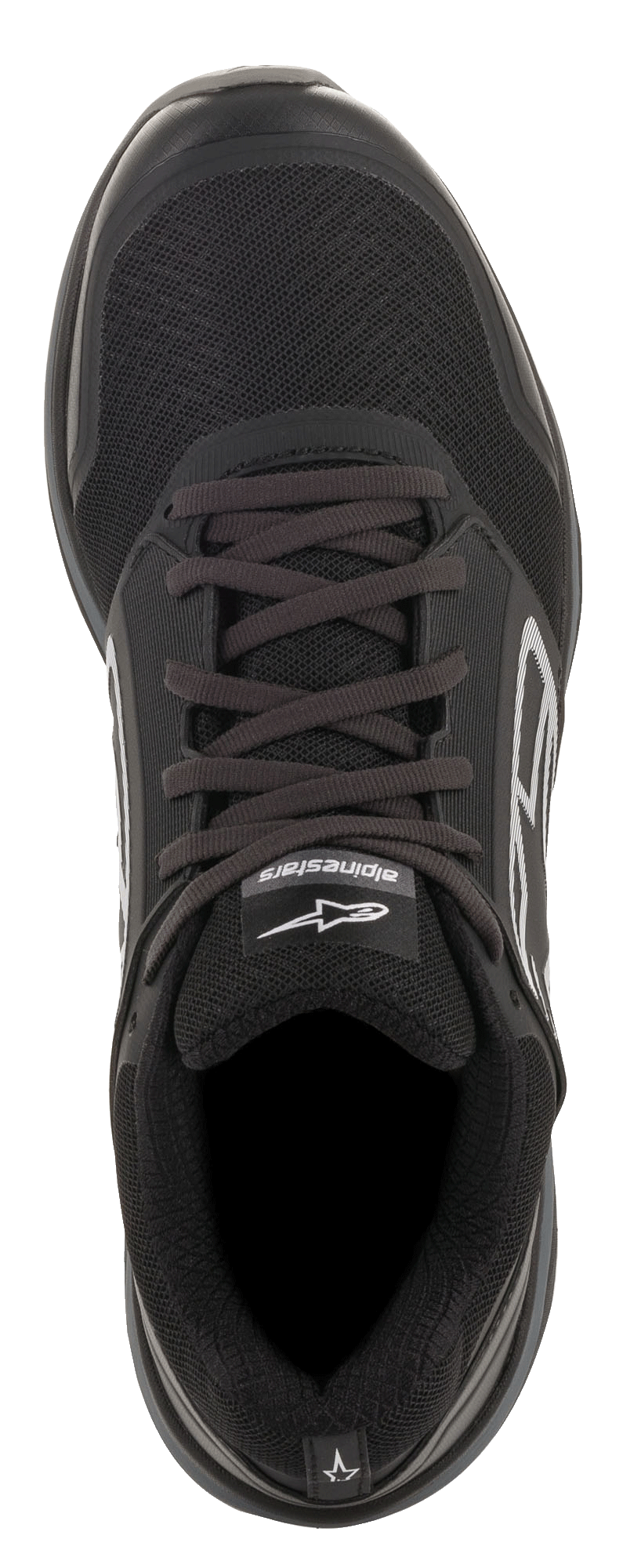 Buty Alpinestars Meta Trail, czarno-ciemnoszare, widok z góry, czarna cholewka z siatki ze sznurowadłami, białe logo Alpinestars na języku, obuwie wyczynowe inspirowane bieganiem i stylem padokowym