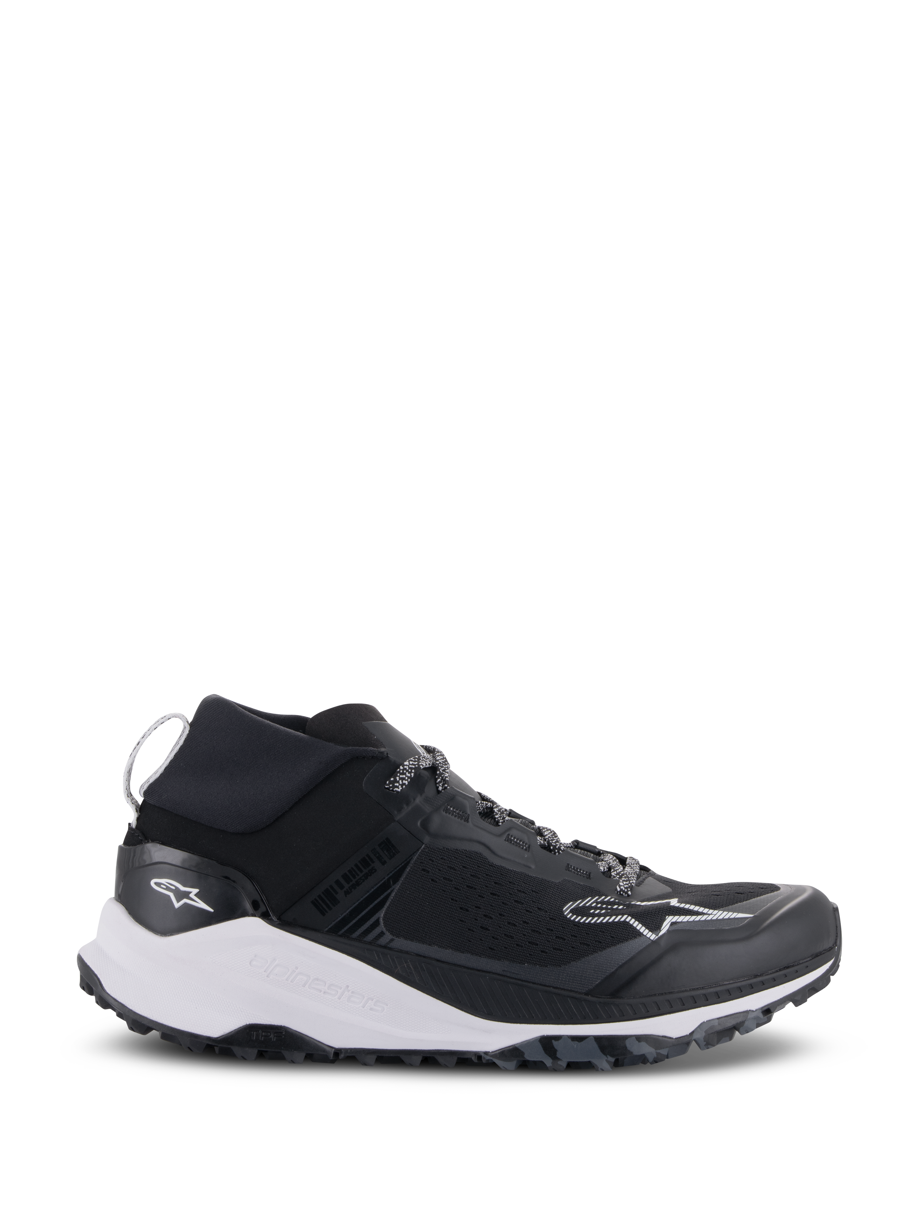 Alpinestars Meta XR V2 Shoes, Sportswear Shoes, Black and White, technical mesh upper with a chunky white midsole and rugged dark gray outsole, sport-casual design with elastic collar and Alpinestars branding