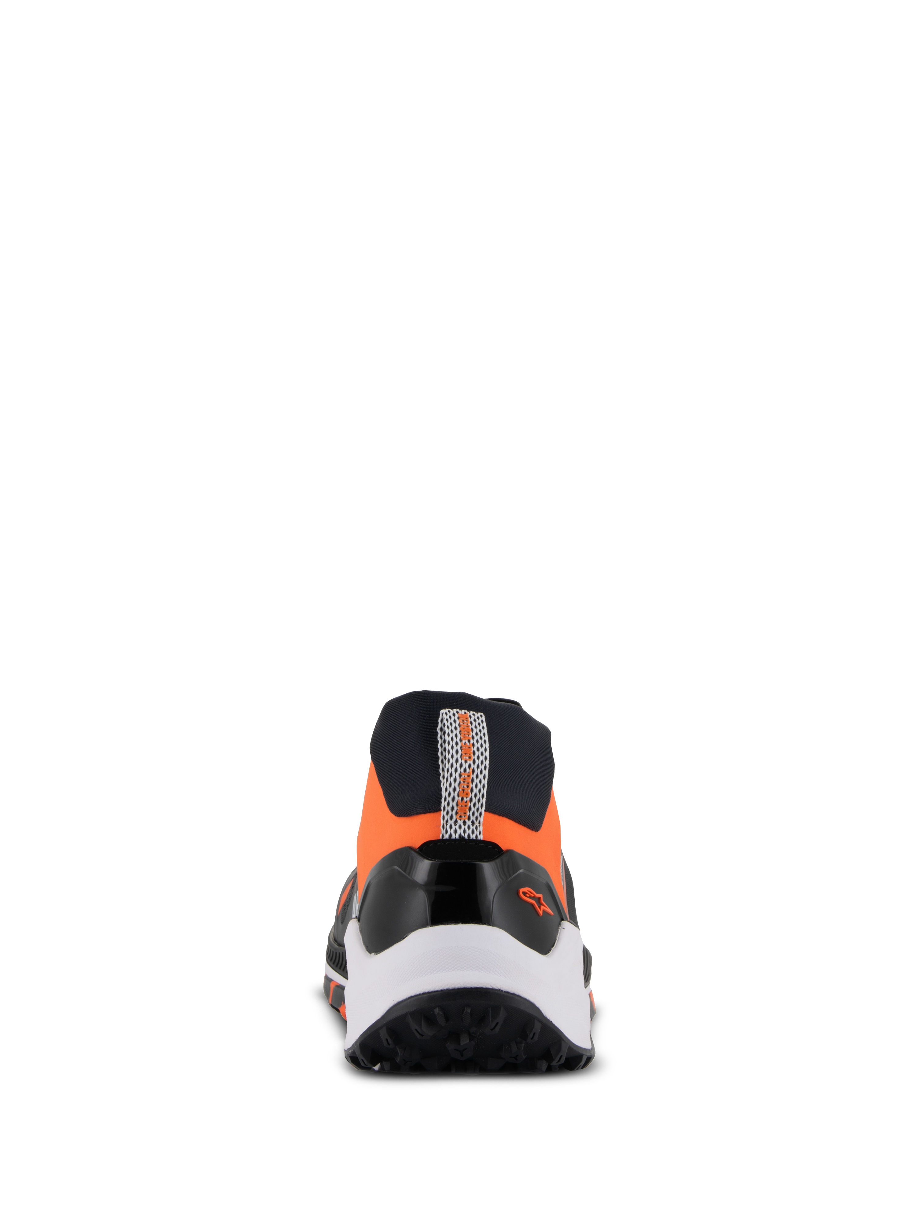 Alpinestars Meta XR V2 Shoes, Sport Casual Shoes, Black Orange and White, rear view featuring a rugged rubber sole, white midsole, and orange upper with a heel pull tab and small Alpinestars logo.