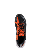 Alpinestars Meta XR V2 Shoes, Sport Casual Shoes, Black Orange and White, top-down view featuring a black technical mesh upper with vibrant orange overlays, patterned laces, and white logo details, designed for all-day comfort and stability.
