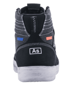 Alpinestars Ageless Riding Shoes, buty motocyklowe, czarne i szare (Cool Gray), widok z tyłu przedstawiający ciemnoszare płótno z białymi przeszyciami, czarna zamszowa pięta z białym logo, niebieskie i pomarańczowe akcenty, miejski design z białą podeszwą