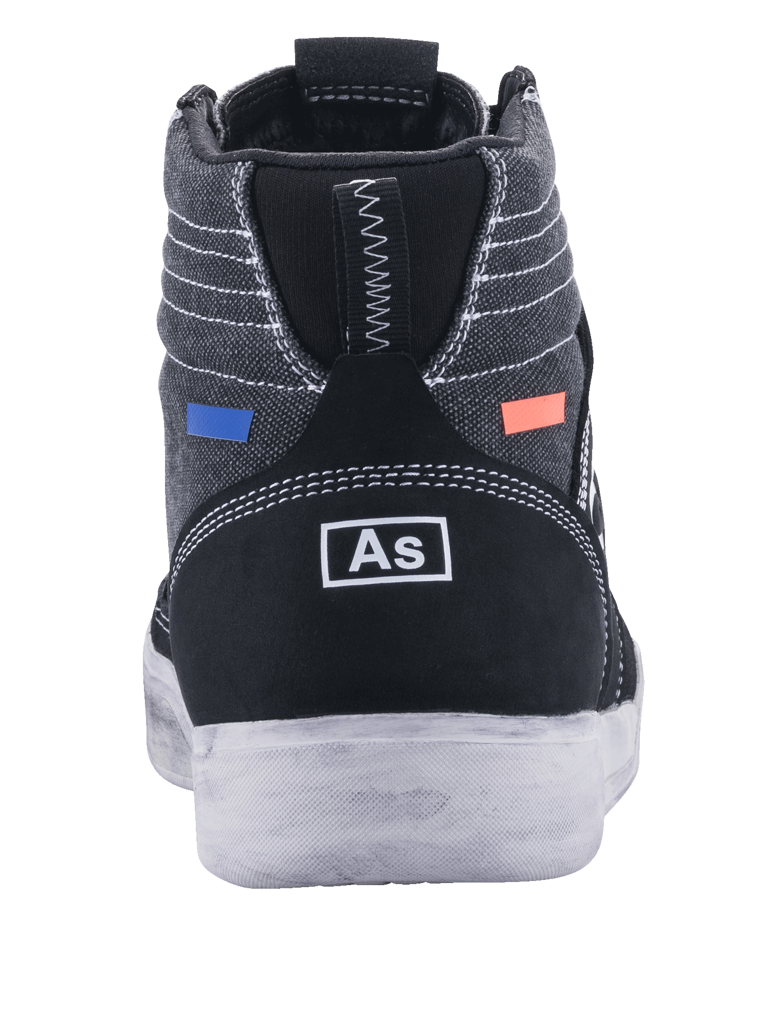 Alpinestars Ageless Riding Shoes, buty motocyklowe, czarne i szare (Cool Gray), widok z tyłu przedstawiający ciemnoszare płótno z białymi przeszyciami, czarna zamszowa pięta z białym logo, niebieskie i pomarańczowe akcenty, miejski design z białą podeszwą
