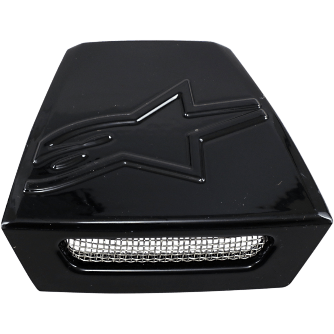 Alpinestars Supertech M10/M8 Helmet Rear Vent Frame, rama tylnego wlotu powietrza do kasku, czarna błyszcząca z wytłoczonym logo gwiazdy, srebrna metalowa kratka, trapezowy element wentylacyjny do kasków off-road