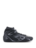 Alpinestars Tech-1 T V3 Shoes FIA, czarno-srebrne buty wyścigowe, wysokie skórzane obuwie sportowe z paskiem na rzep przy kostce, perforowane panele boczne i srebrne logotypy, certyfikat FIA do profesjonalnych wyścigów samochodowych