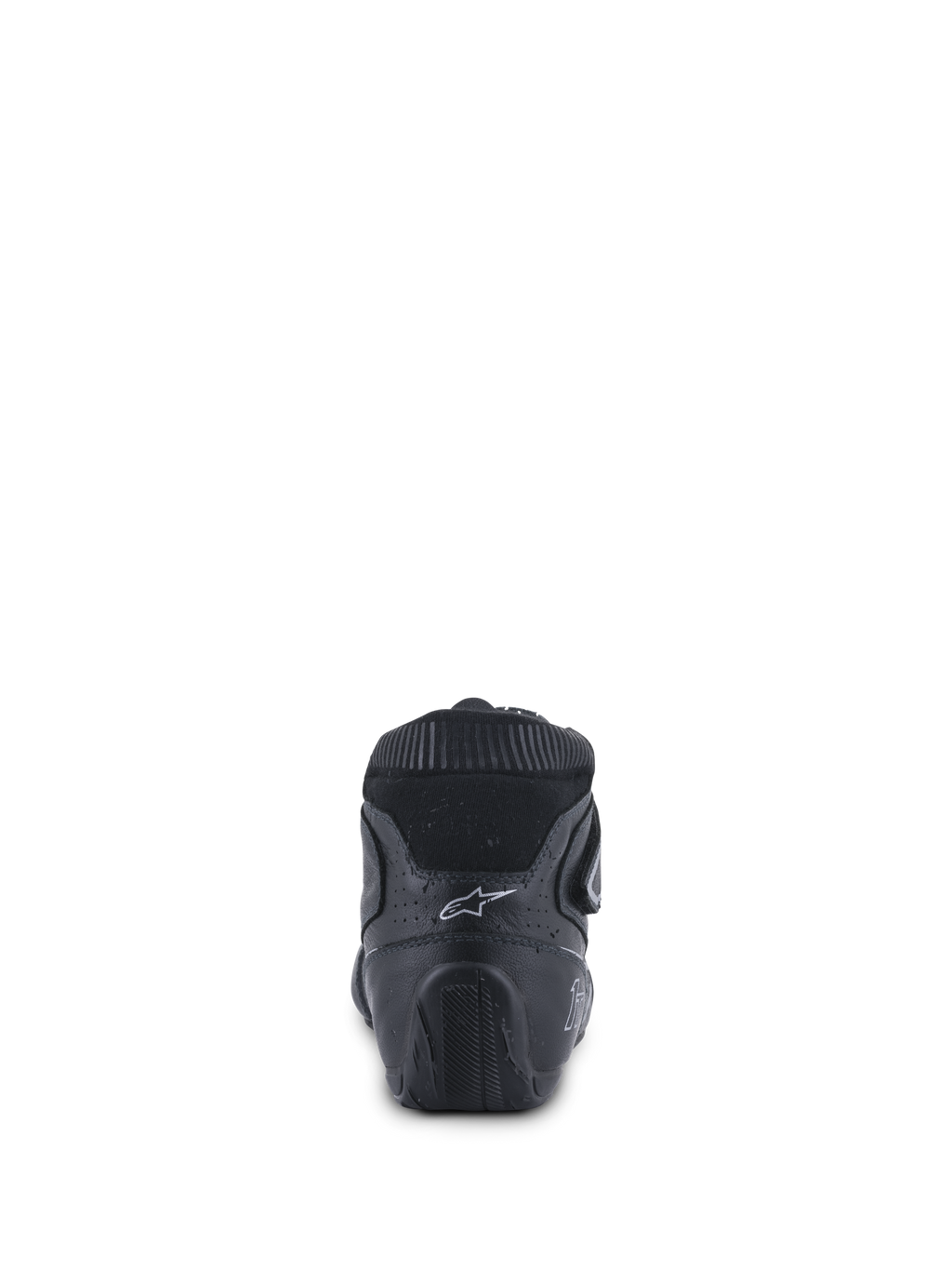 Alpinestars Tech-1 T V3 Shoes FIA, buty do profesjonalnych wyścigów samochodowych, czarne ze srebrnymi detalami, widok z tyłu przedstawiający ergonomiczne wzmocnienie pięty, białe logo Astars oraz teksturowaną gumową podeszwę zaprojektowaną dla lepszej kontroli pedałów.