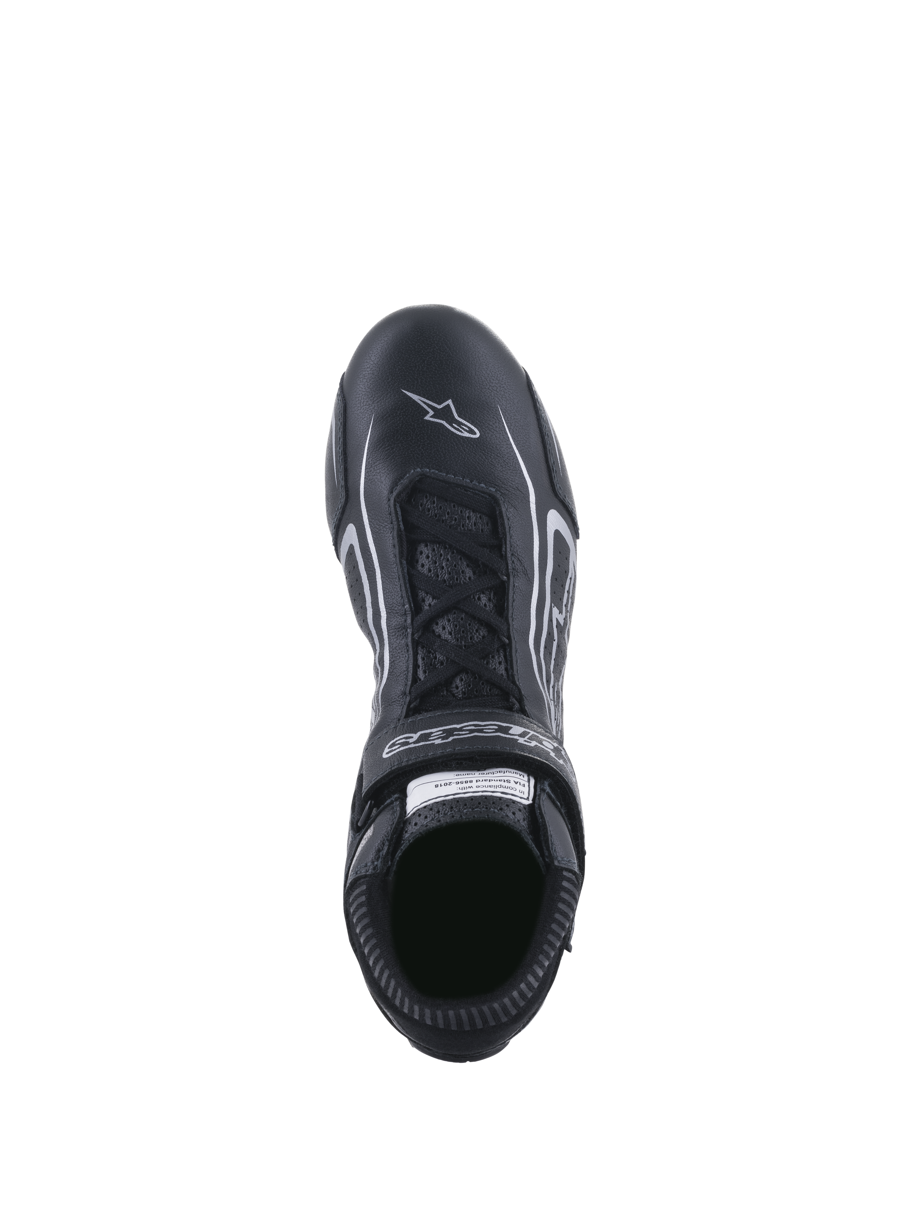 Alpinestars Tech-1 T V3 Shoes FIA, buty samochodowe, czarno-srebrne, widok z góry pokazujący system sznurowania i markowy pasek na rzep, pełnoziarnista skóra bydlęca z białym logo gwiazdy na palcach, profesjonalne obuwie do sportów motorowych.