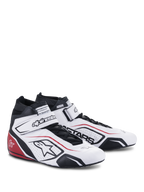 Alpinestars Tech-1 T V3 FIA, buty do wyścigów samochodowych, białe z czarnymi i czerwonymi akcentami, cholewka wykonana ze skóry licowej, regulowany pasek na rzep na kostce, perforowane panele boczne z logo Astars, profesjonalny design wyścigowy