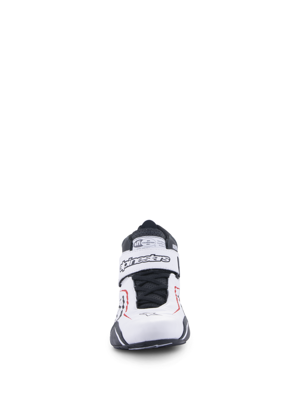 Buty Alpinestars Tech-1 T V3, buty wyścigowe samochodowe, biało-czarno-czerwone, widok z przodu z paskiem na rzep z brandingiem Alpinestars, czarnymi sznurowadłami i metką z certyfikatem SFI na języku
