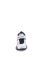 Buty Alpinestars Tech-1 T V3, buty wyścigowe samochodowe, biało-czarno-czerwone, widok z przodu z paskiem na rzep z brandingiem Alpinestars, czarnymi sznurowadłami i metką z certyfikatem SFI na języku