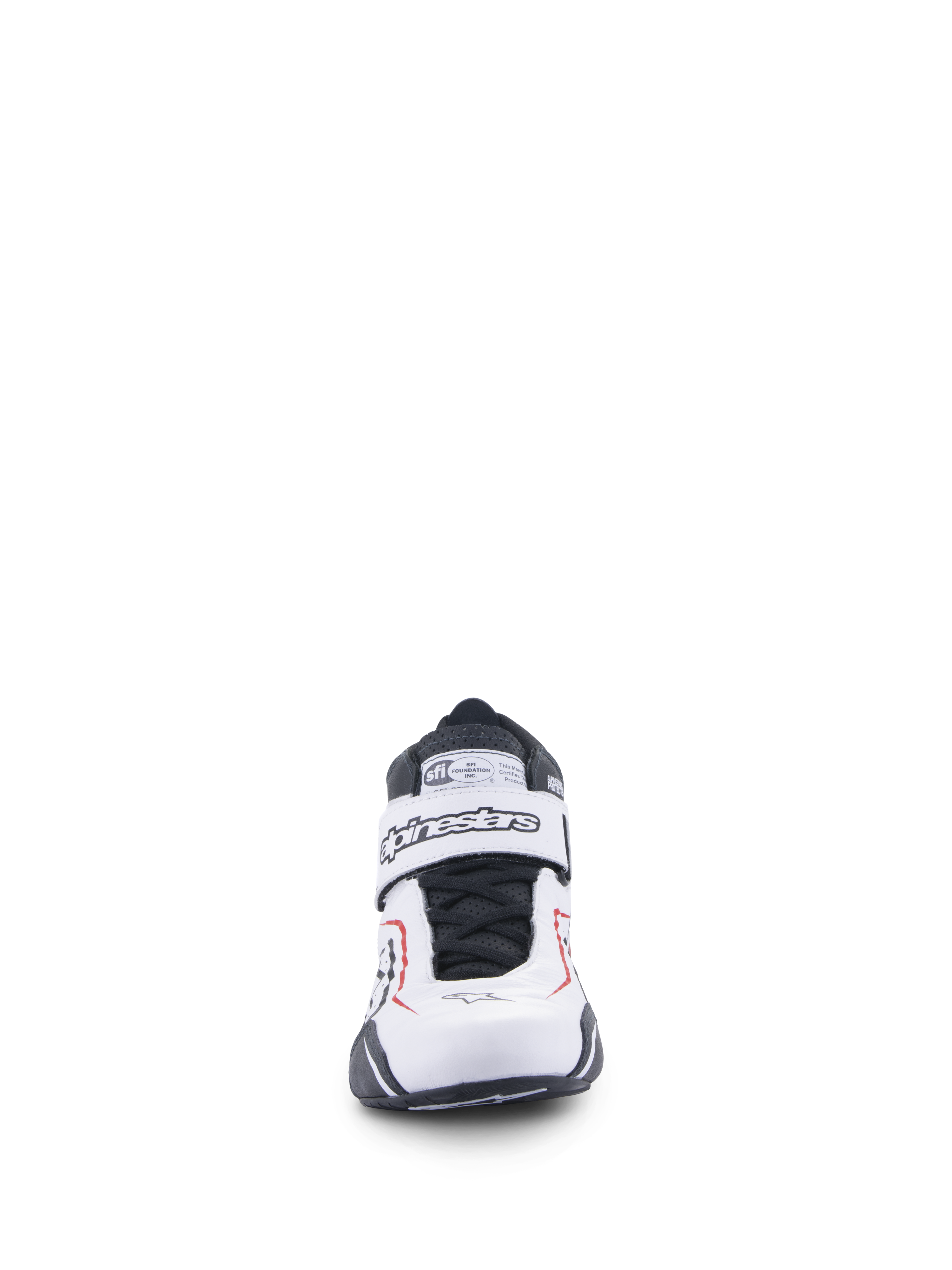 Buty Alpinestars Tech-1 T V3, buty wyścigowe samochodowe, biało-czarno-czerwone, widok z przodu z paskiem na rzep z brandingiem Alpinestars, czarnymi sznurowadłami i metką z certyfikatem SFI na języku