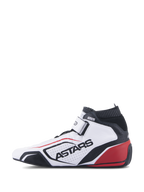 Alpinestars Tech-1 T V3 Shoes FIA, profesjonalne buty wyścigowe, biało-czarno-czerwone, widok z profilu z brandingiem ASTARS na perforowanej skórze, czarnym ognioodpornym kołnierzem i czerwonymi akcentami na pięcie, sportowy design wyścigowy