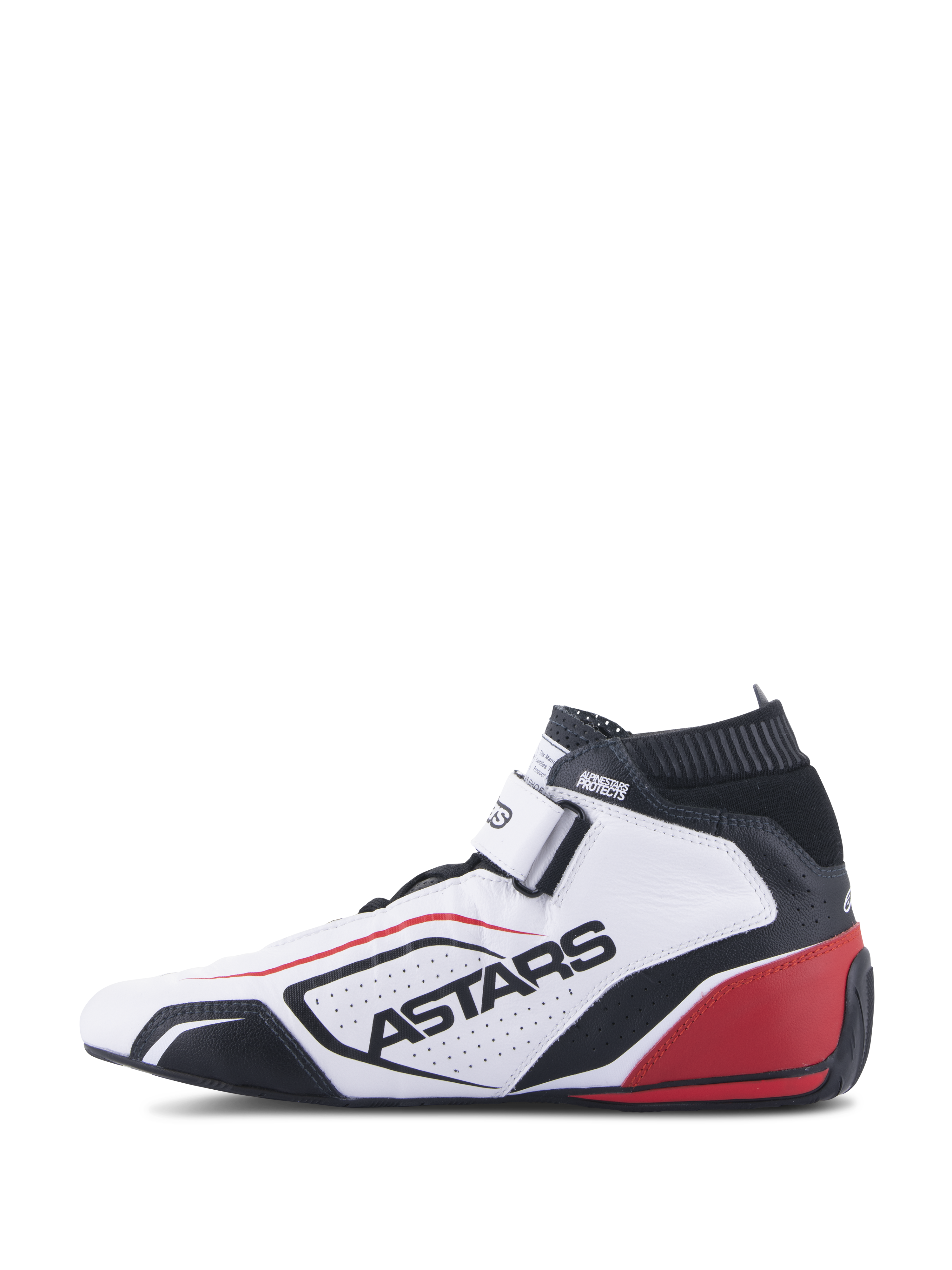 Alpinestars Tech-1 T V3 Shoes FIA, profesjonalne buty wyścigowe, biało-czarno-czerwone, widok z profilu z brandingiem ASTARS na perforowanej skórze, czarnym ognioodpornym kołnierzem i czerwonymi akcentami na pięcie, sportowy design wyścigowy