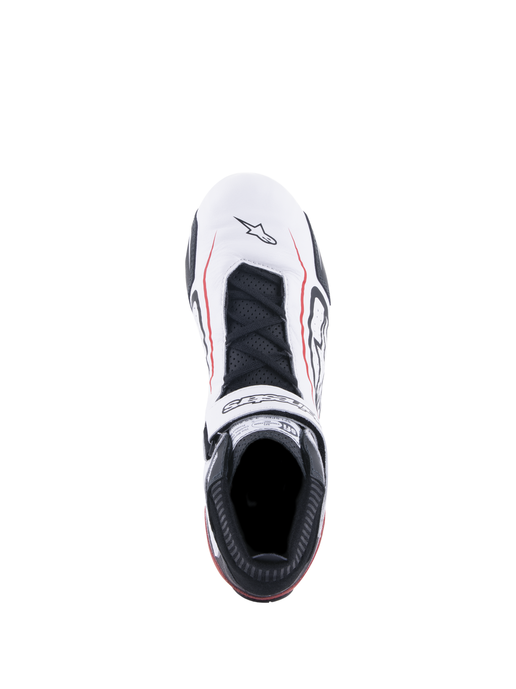 Alpinestars Tech-1 T V3 Shoes FIA, buty wyścigowe, białe, czarne i czerwone, widok z góry przedstawiający białą skórzaną cholewkę z czerwonymi liniami akcentującymi, czarne sznurówki, logowany pasek na rzep oraz etykietę certyfikacji SFI na języku